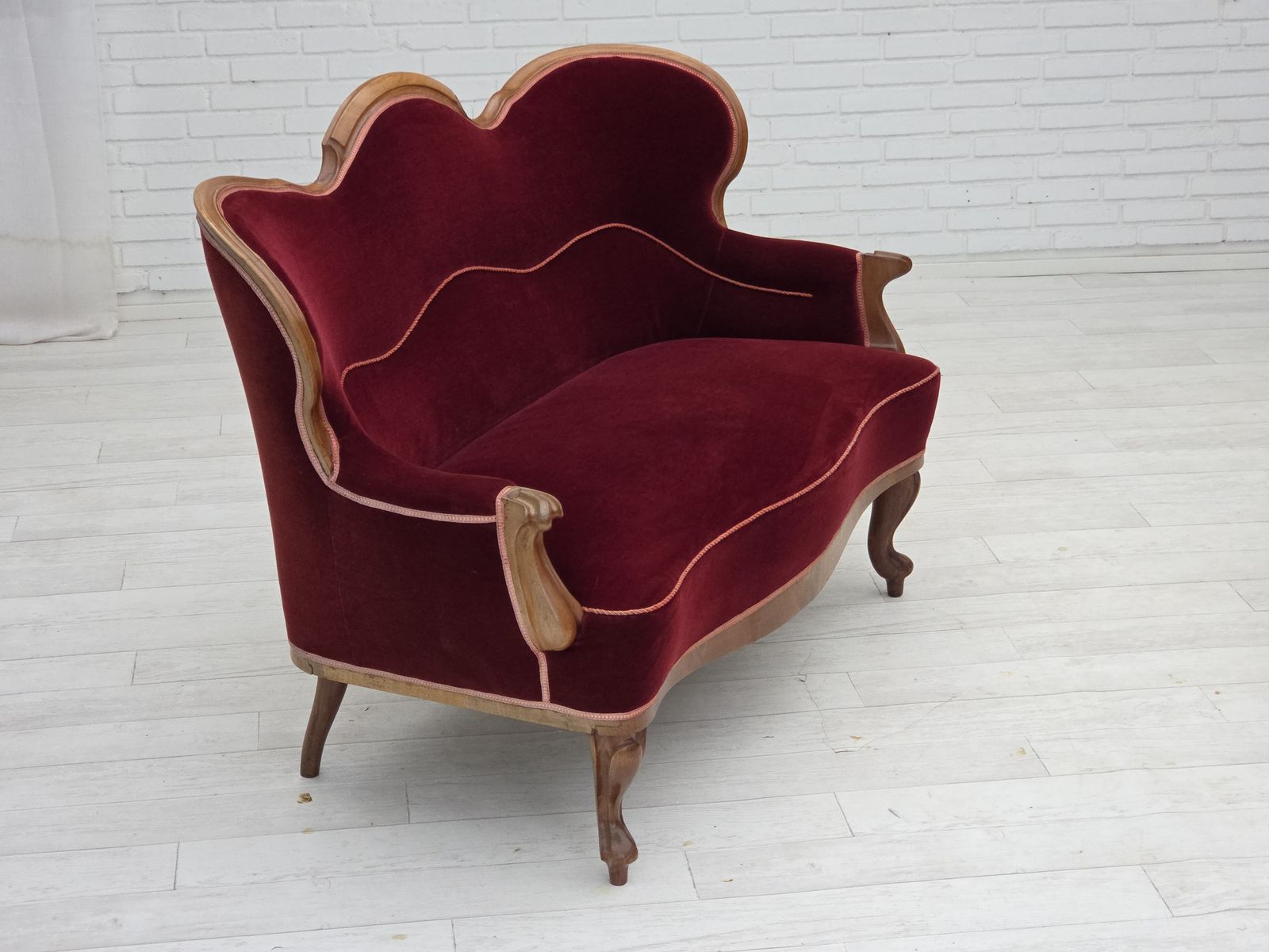 photo for sale 1920 30s, Danish 2 Seater Sofa, Furniture Velour, Ash Wood, Reupholstered.
