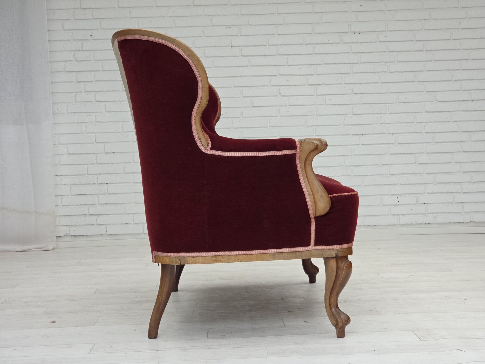 photo vinterior 1920 30s, Danish 2 Seater Sofa, Furniture Velour, Ash Wood, Reupholstered.