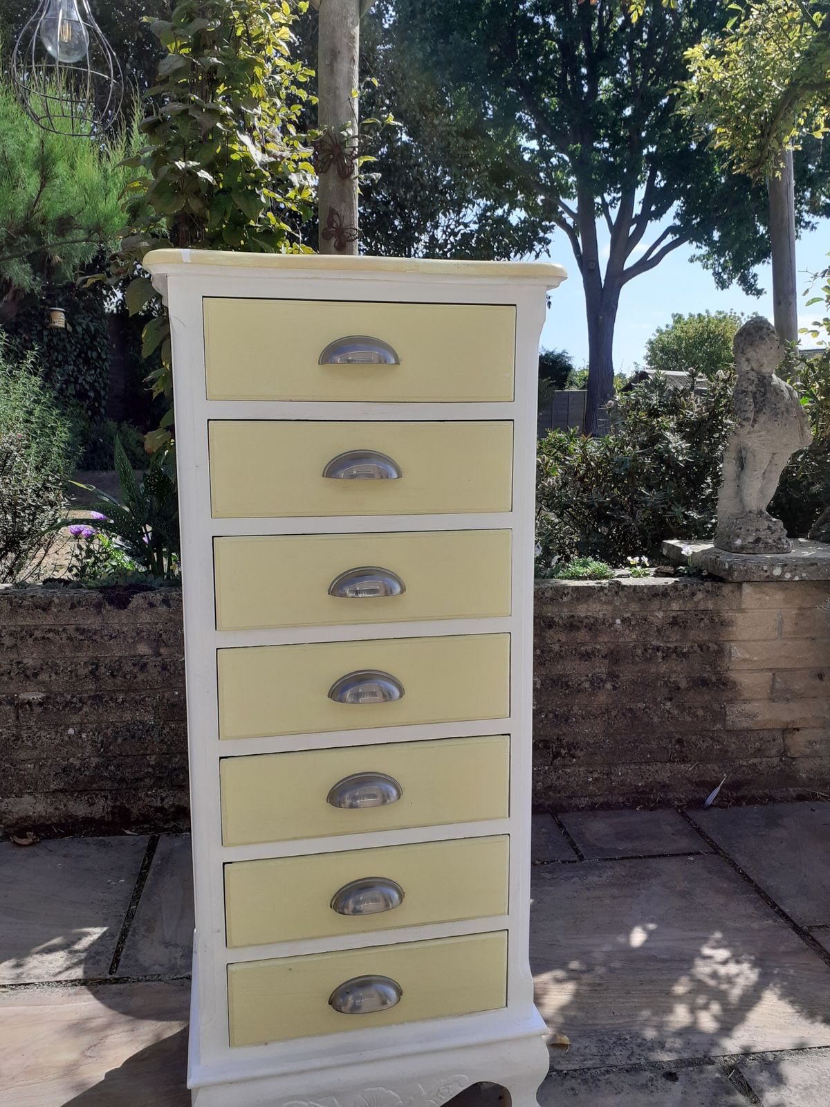Tall Hand Painted 60's Vintage Chest Of Drawers With Nickel Cup Handles And A Faux Marble Top In Sunshine Yellow photo for sale