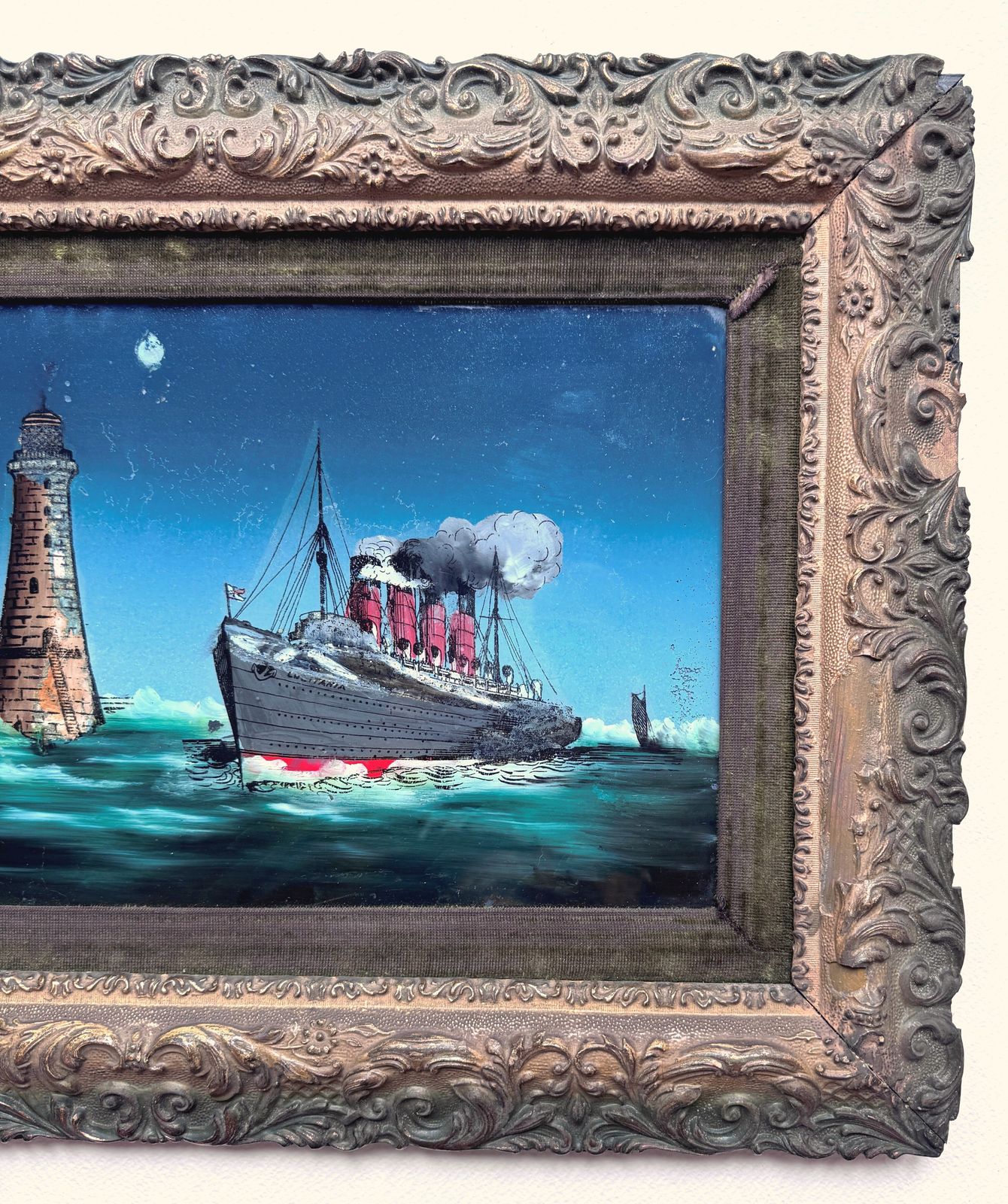 Mauretania & Lusitania Original Reverse Painting On Glass Early 20c photo furniture