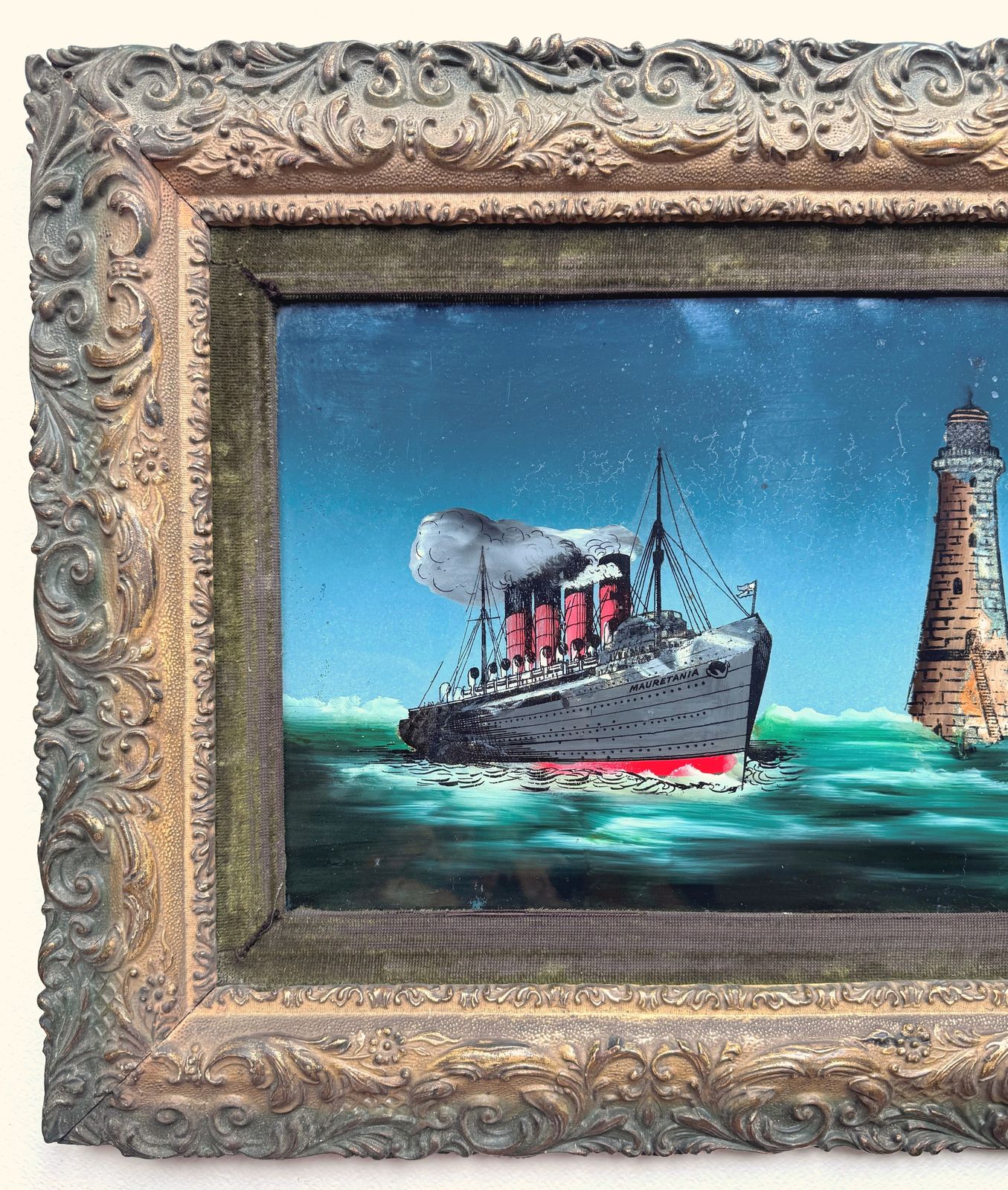 Mauretania & Lusitania Original Reverse Painting On Glass Early 20c photo 600.0