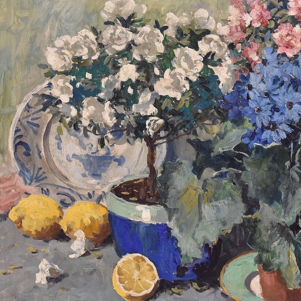 Antique Flower Painting, Still Life, Pink Roses And Azalea, Oil On Canvas, 20th Century. (Qf682) photo Art
