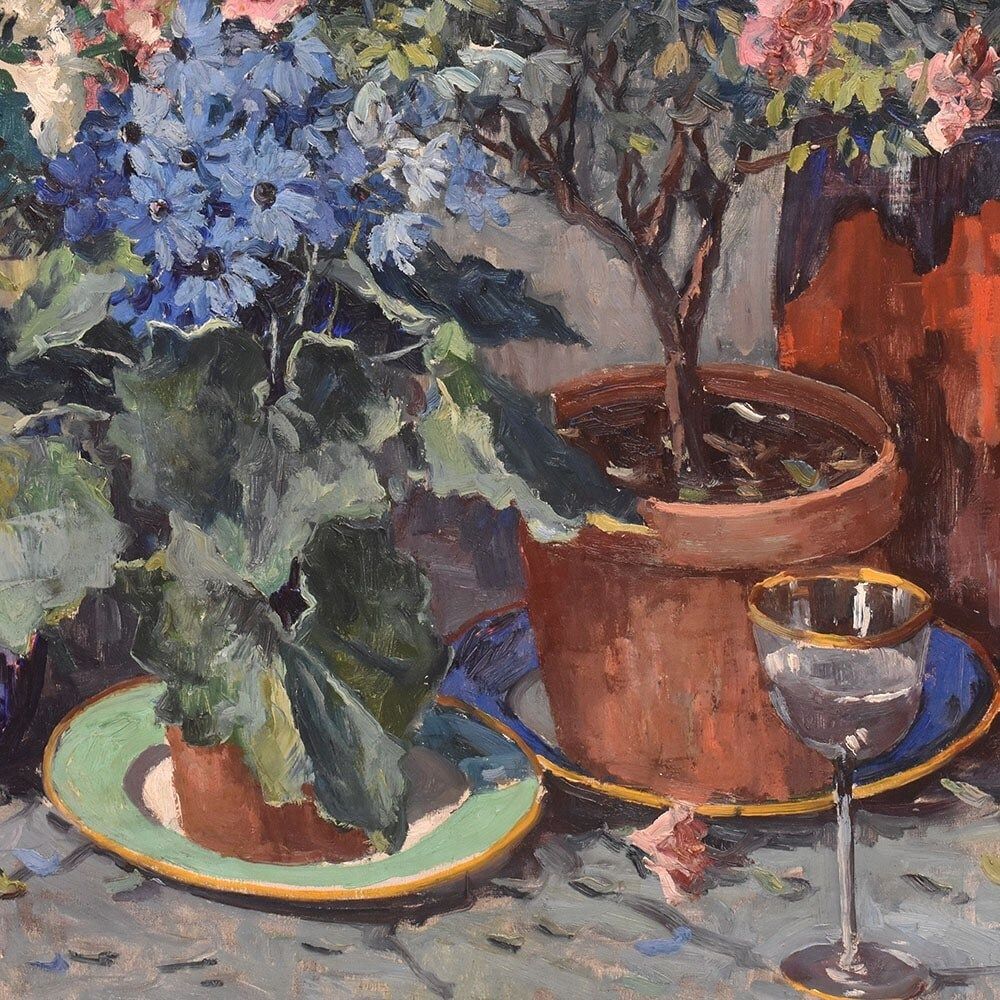 Antique Flower Painting, Still Life, Pink Roses And Azalea, Oil On Canvas, 20th Century. (Qf682) photo 2800.0