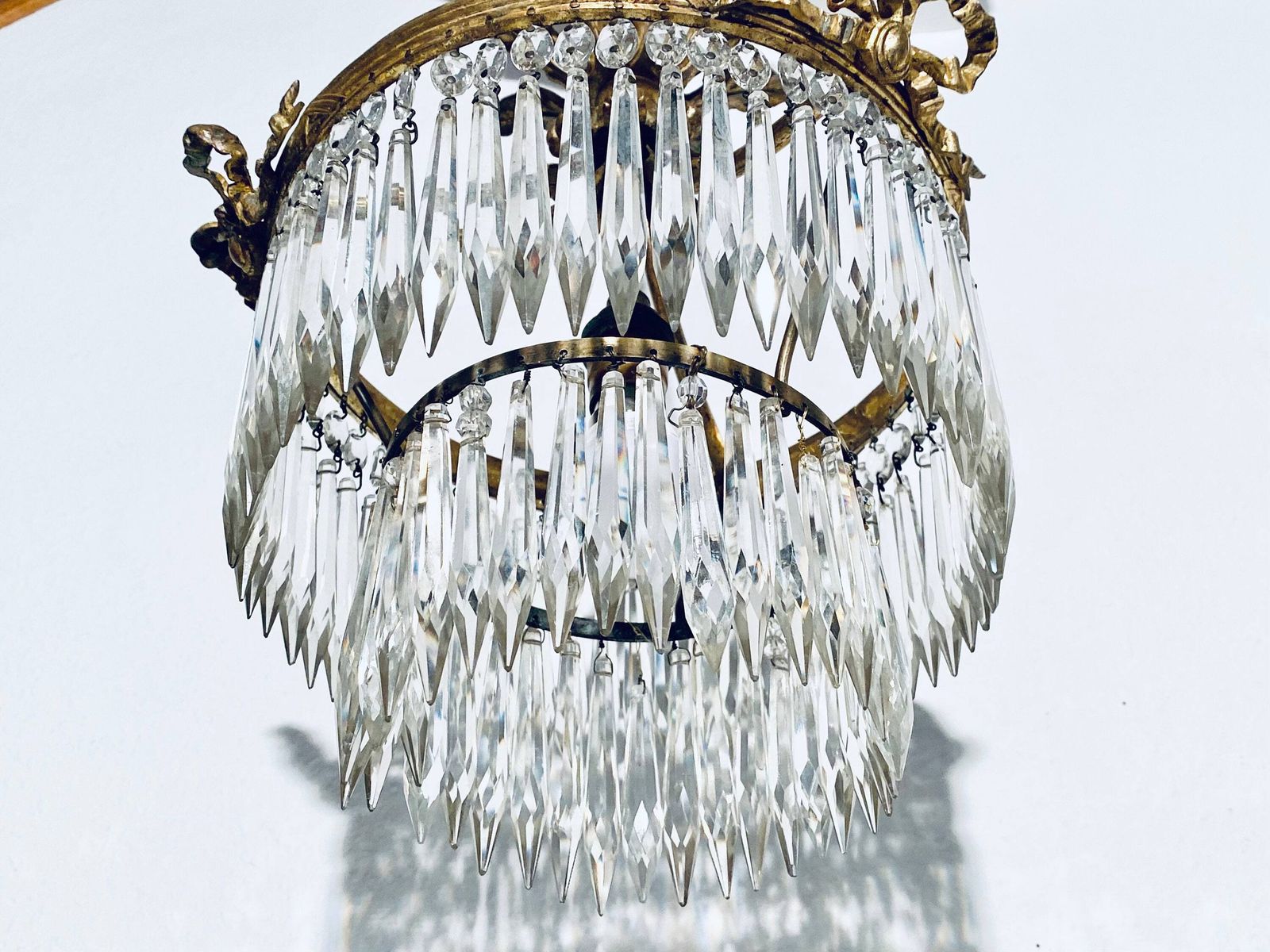 Crystal Chandelier Ceiling Basket Lamp Glass / France Vintage Decor 1920s photo for sale