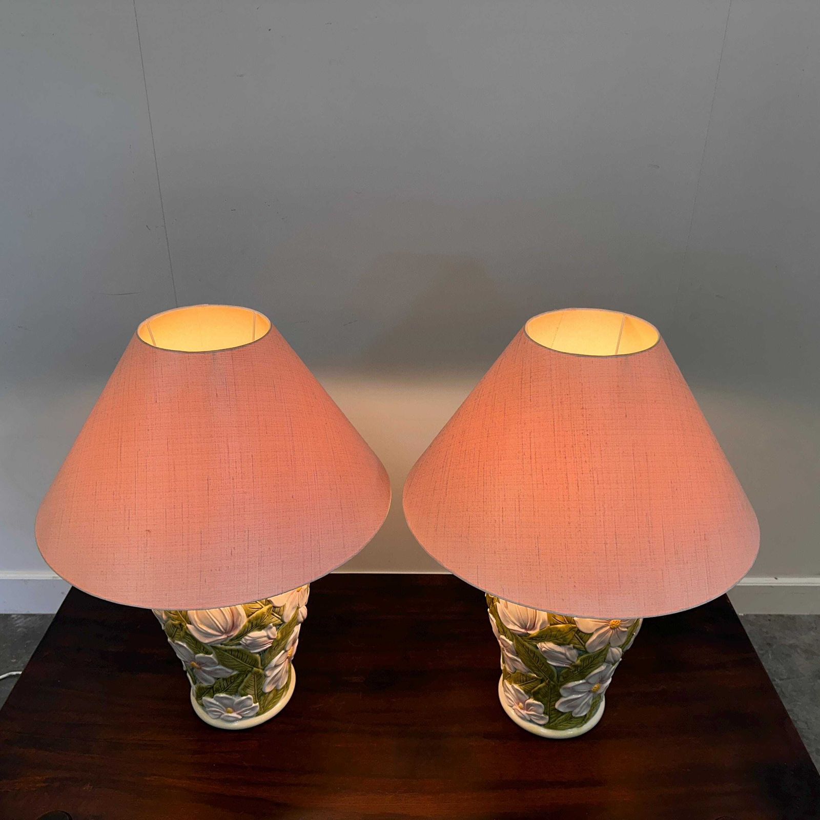 Pair Of Large Vintage Ceramic Table Lamps With 3d Floral Design, 1970s photo vintage