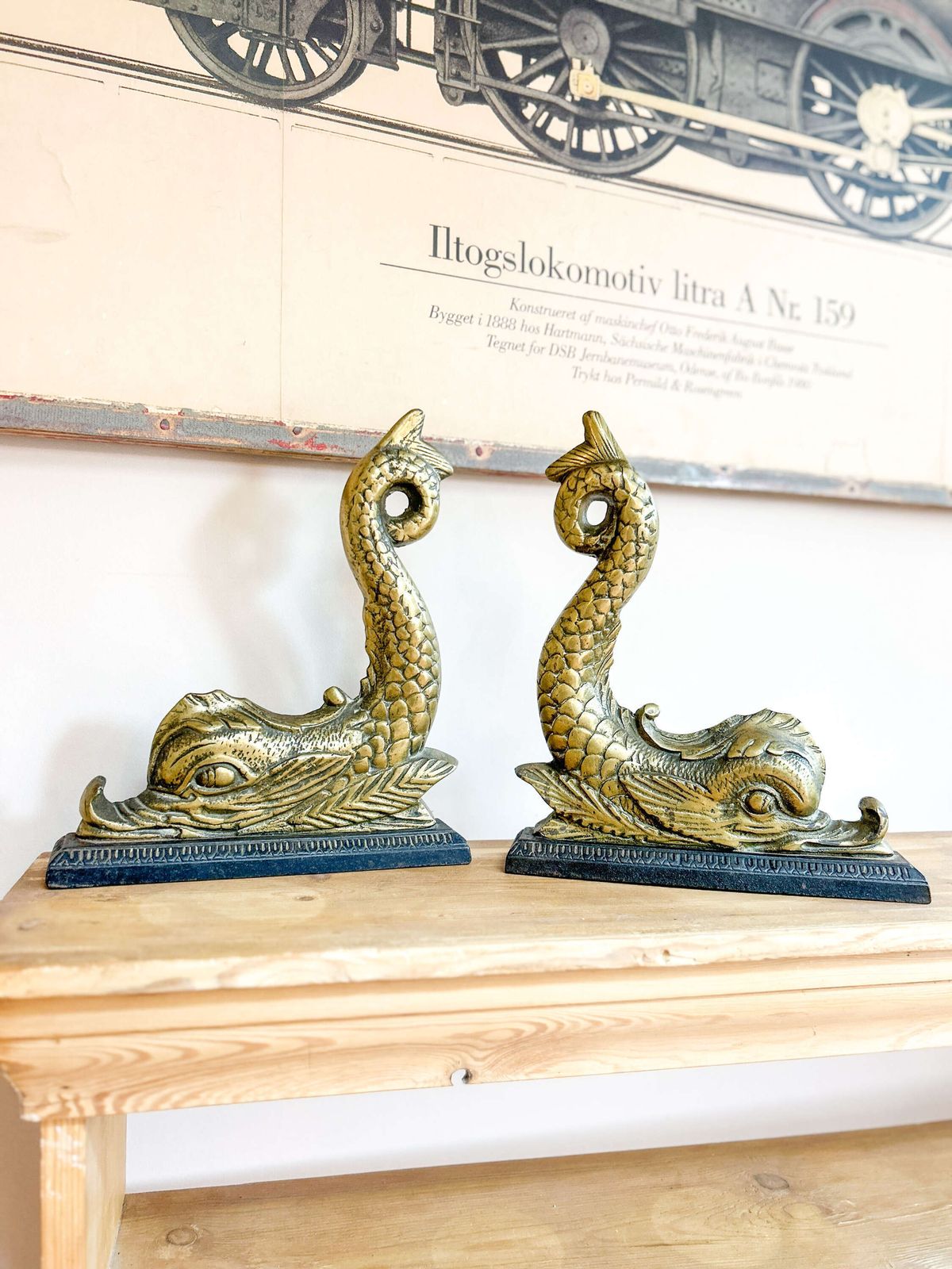 Pair Of Victorian Brass Dolphin Doorstops On Cast Iron Bases