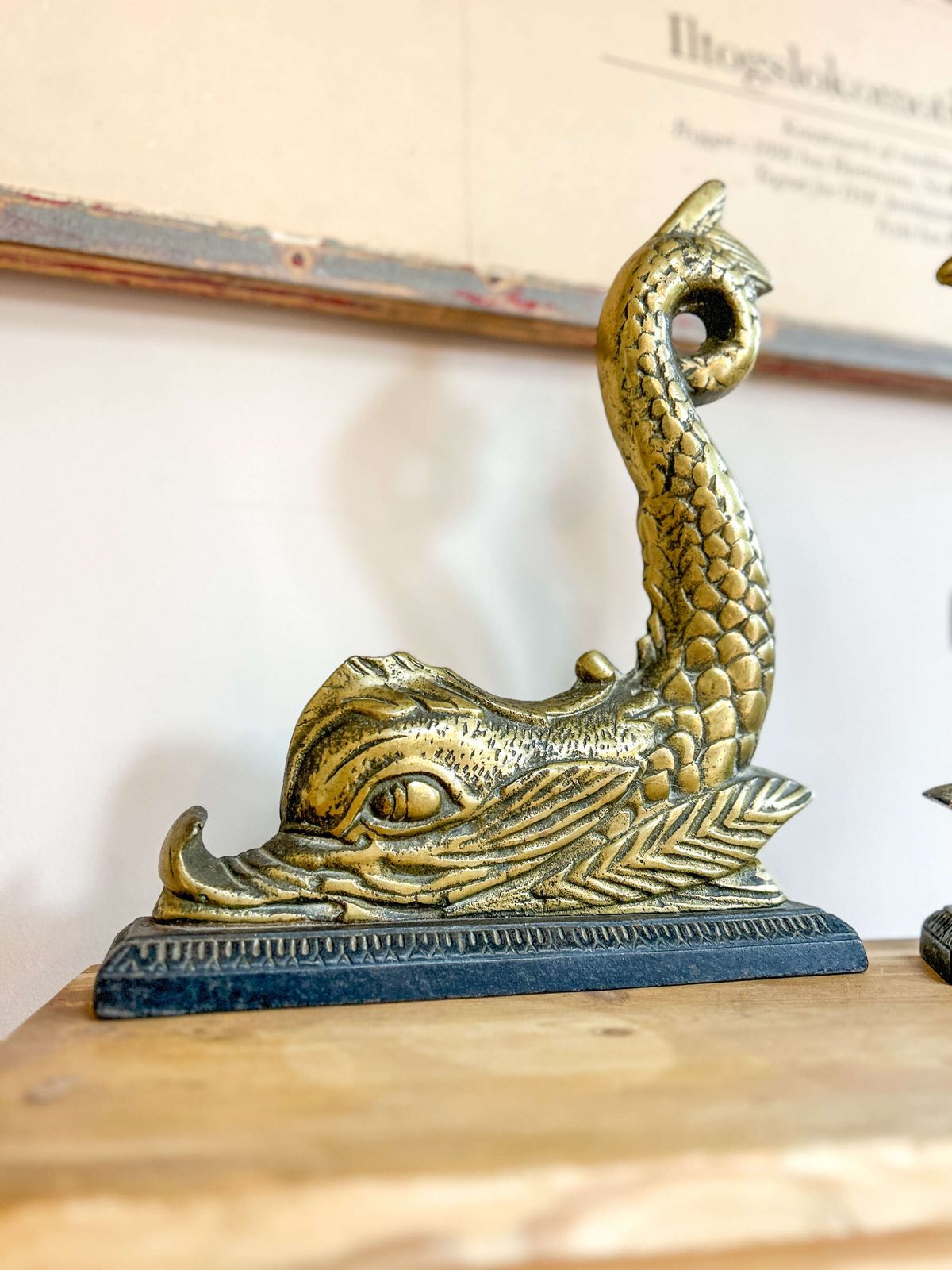 Pair Of Victorian Brass Dolphin Doorstops On Cast Iron Bases photo for sale