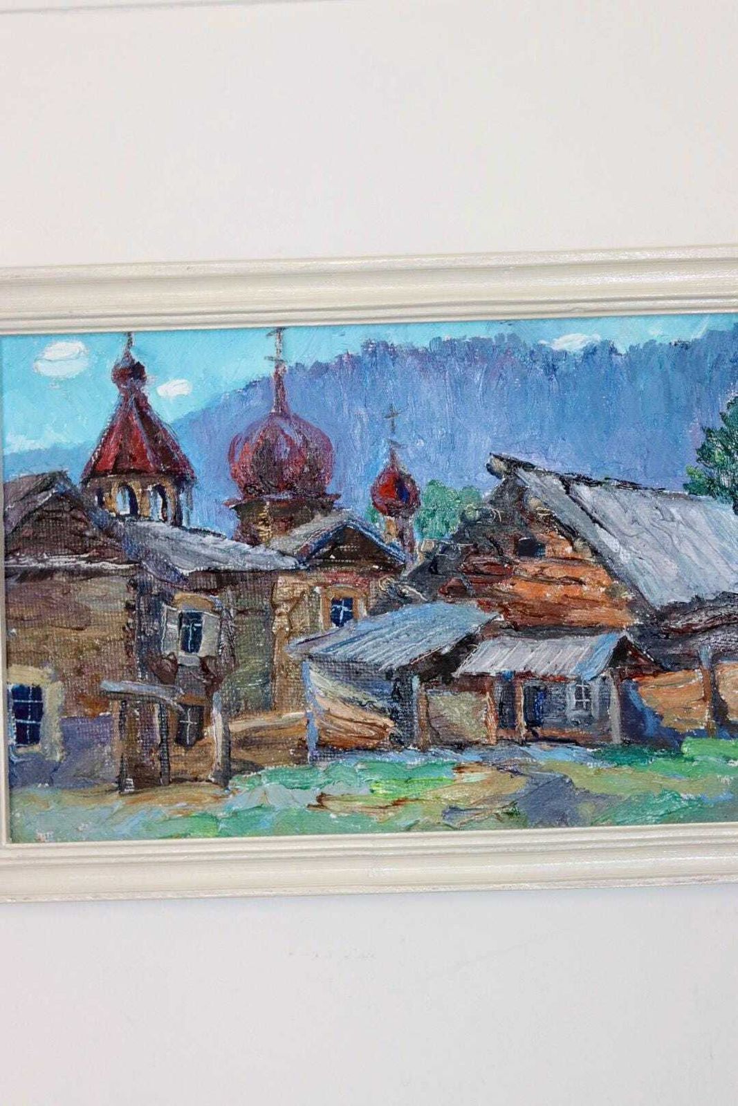 Original Mid Century Oil On Panel – “Church And Huts” By A. Vesnin 2003 – Framed, 31.5 X 23 Cm (12.4 X 9.1 In) photo furniture