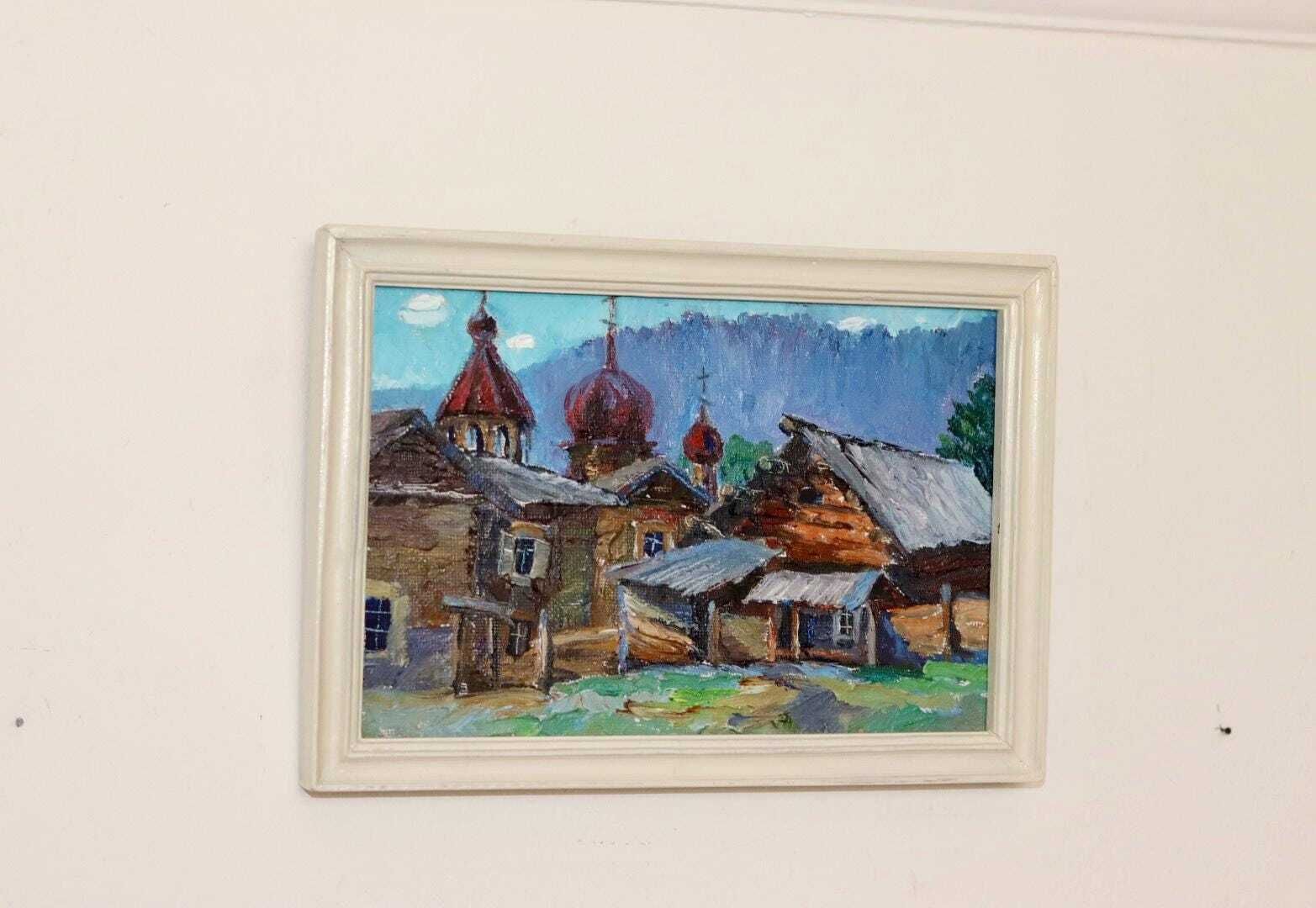 Original Mid Century Oil On Panel – “Church And Huts” By A. Vesnin 2003 – Framed, 31.5 X 23 Cm (12.4 X 9.1 In)