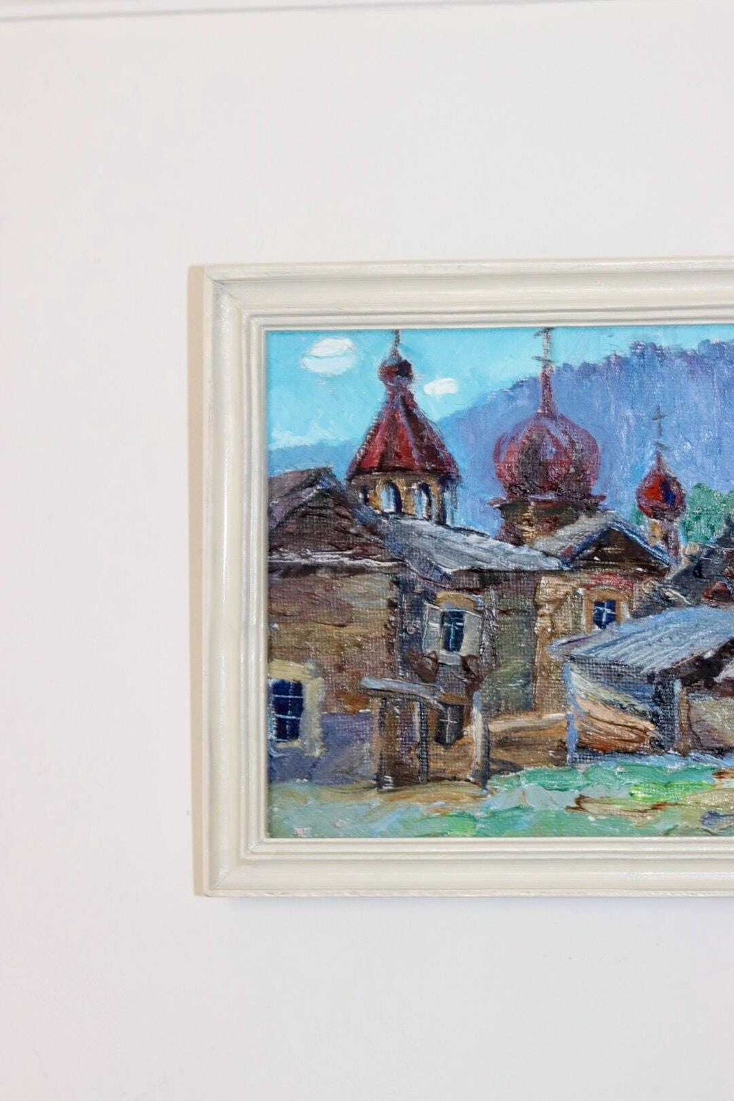Original Mid Century Oil On Panel – “Church And Huts” By A. Vesnin 2003 – Framed, 31.5 X 23 Cm (12.4 X 9.1 In) photo for sale