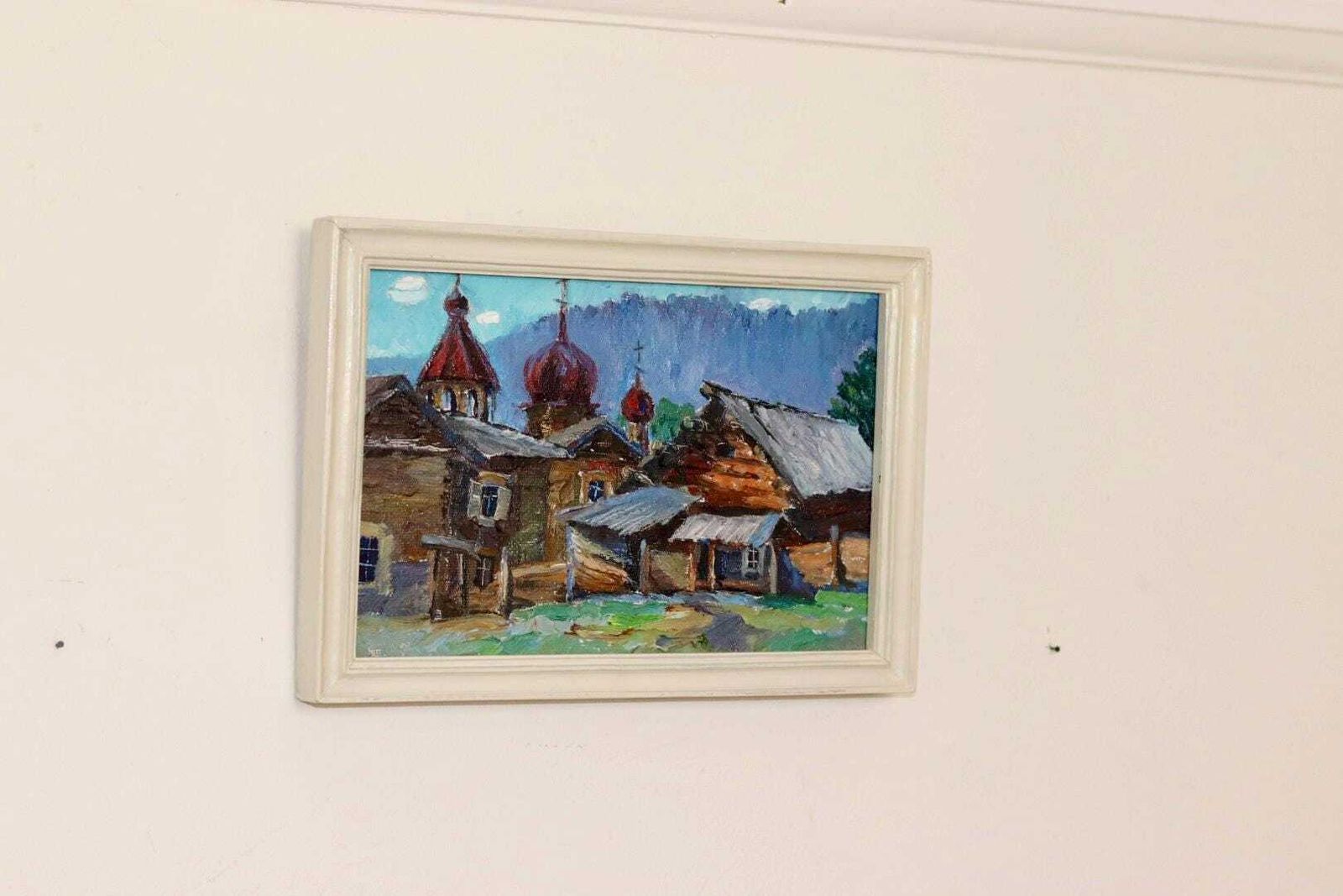 Original Mid Century Oil On Panel – “Church And Huts” By A. Vesnin 2003 – Framed, 31.5 X 23 Cm (12.4 X 9.1 In) photo Art