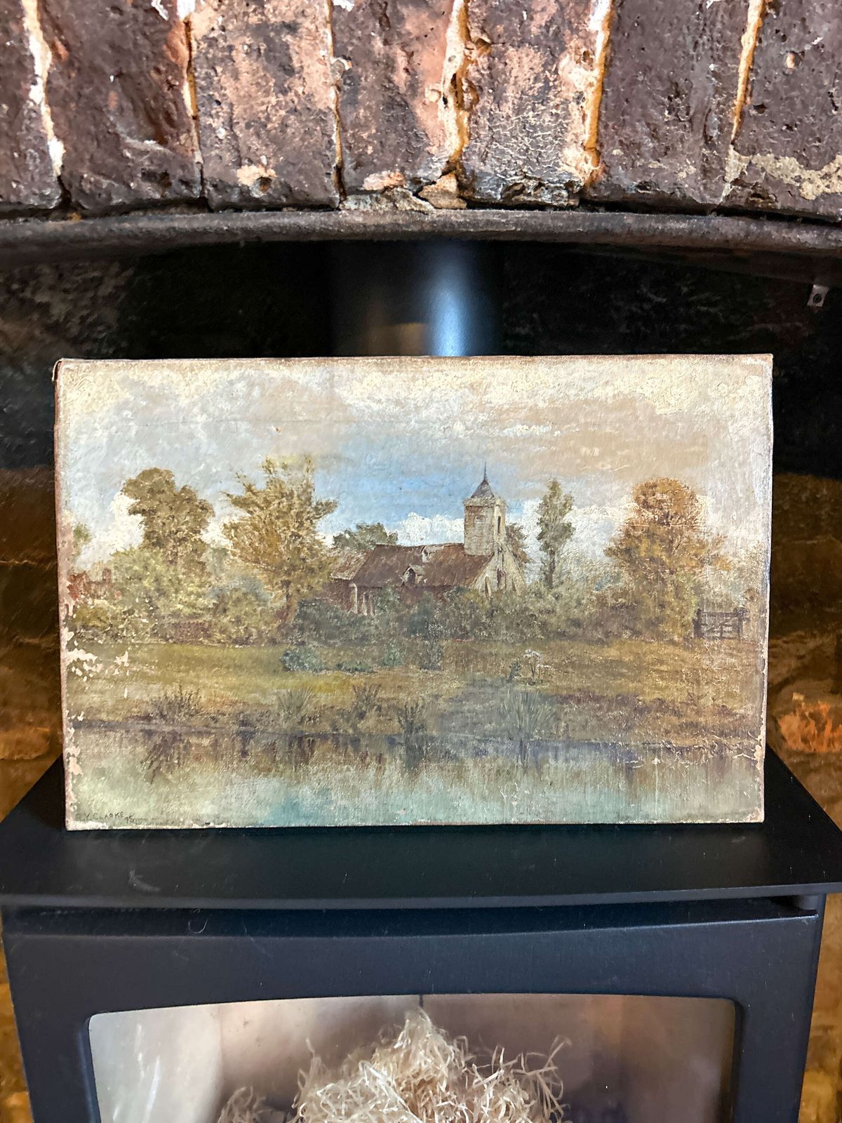 Vintage Oil On Canvas Landscape With Church & Trees By R.A. Clarke