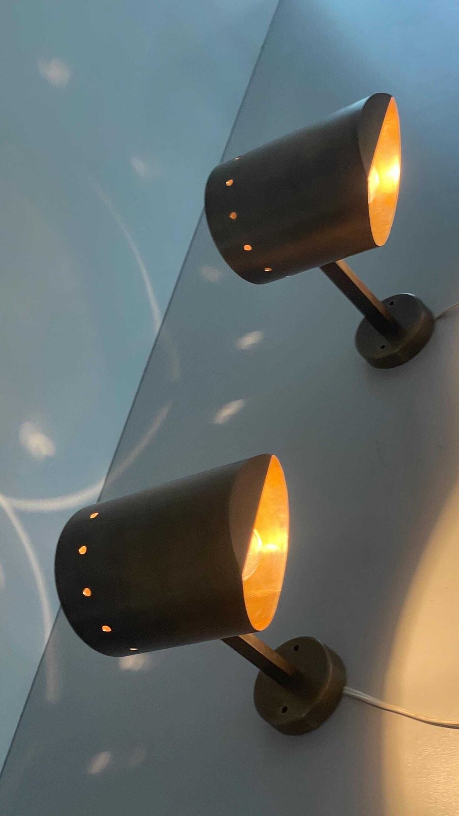 Mid Century Cylindrical Brass Pair Of Sconces With Antique Finish, 1950s, Italy photo for sale