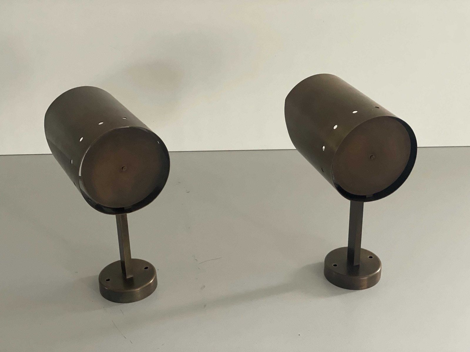 Mid Century Cylindrical Brass Pair Of Sconces With Antique Finish, 1950s, Italy photo vintage
