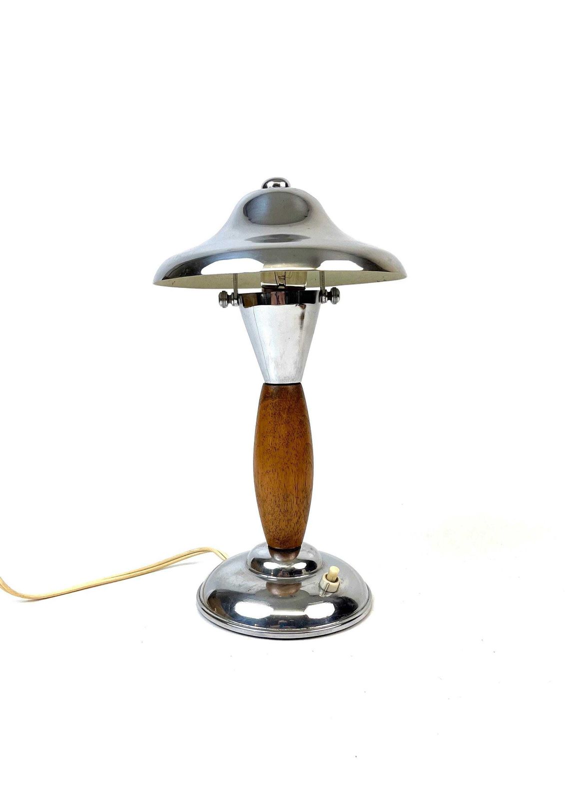 Rare Bauhaus Art Deco Chrome Wood Mushroom Desk Lamp 1930