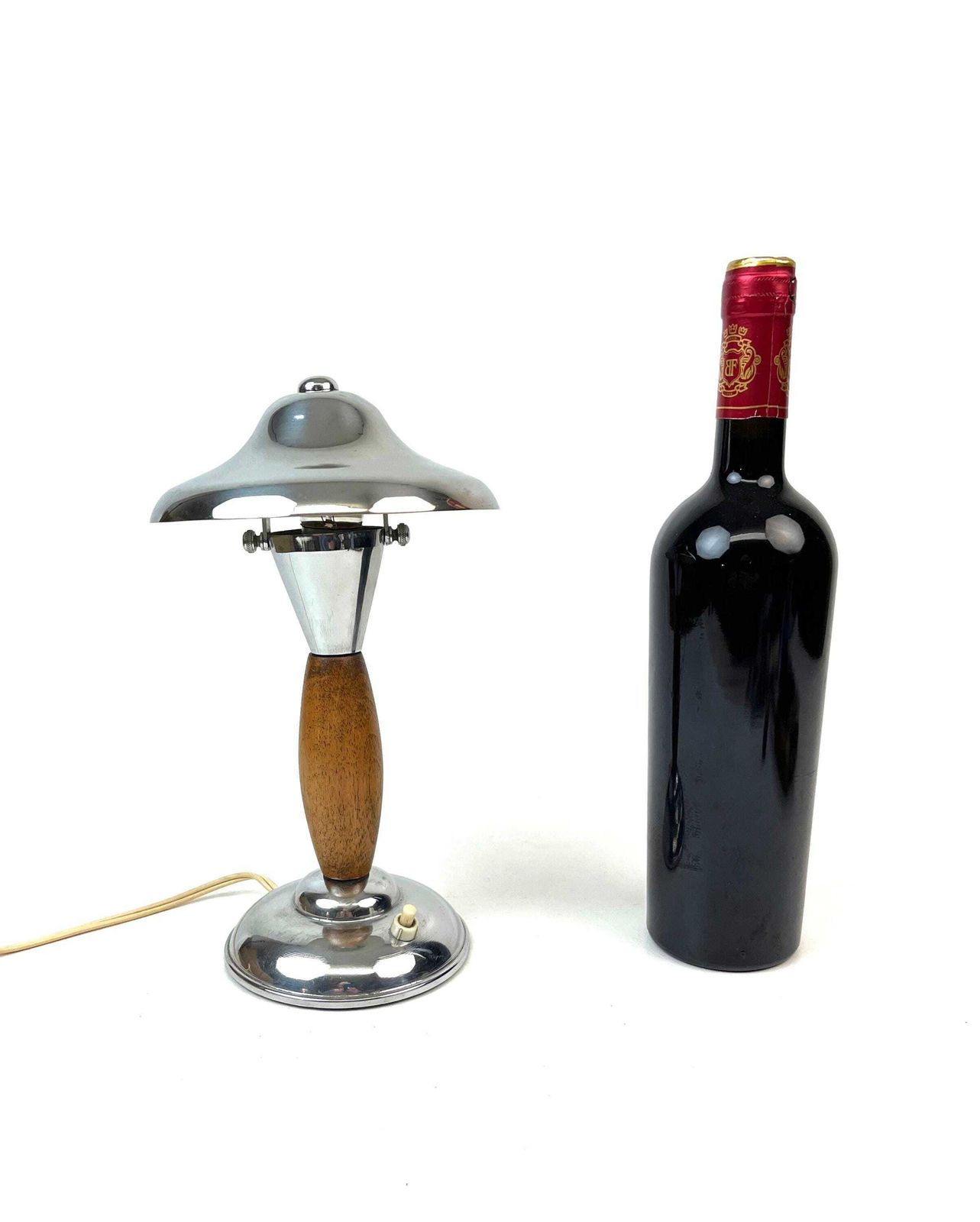 Rare Bauhaus Art Deco Chrome Wood Mushroom Desk Lamp 1930 photo vinterior