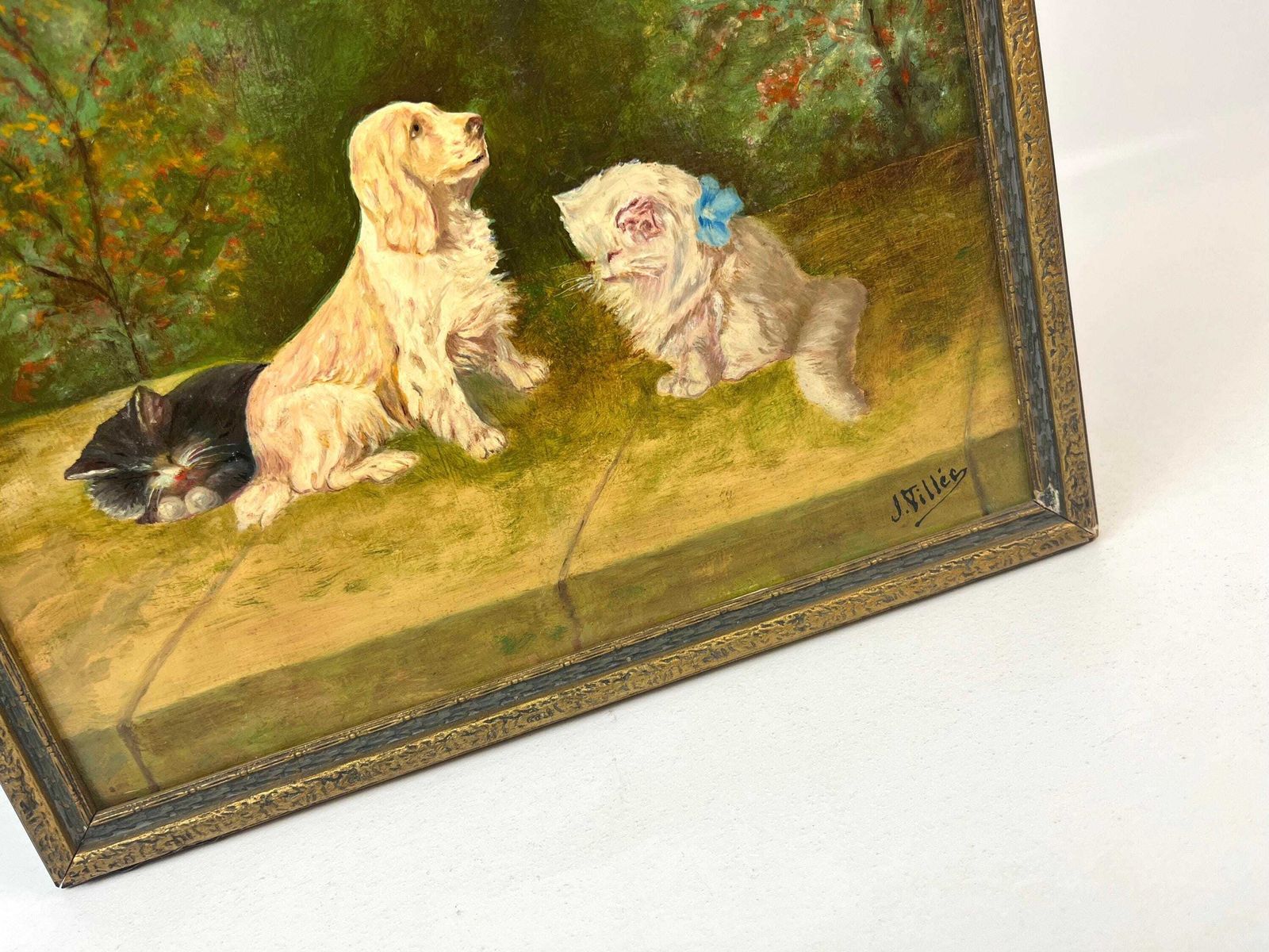 Antiek Olieverfschilderij Met Katten En Hond, Gesigneerd Door J. Villes, Ca. 1920, Met Lijst photo 425.0