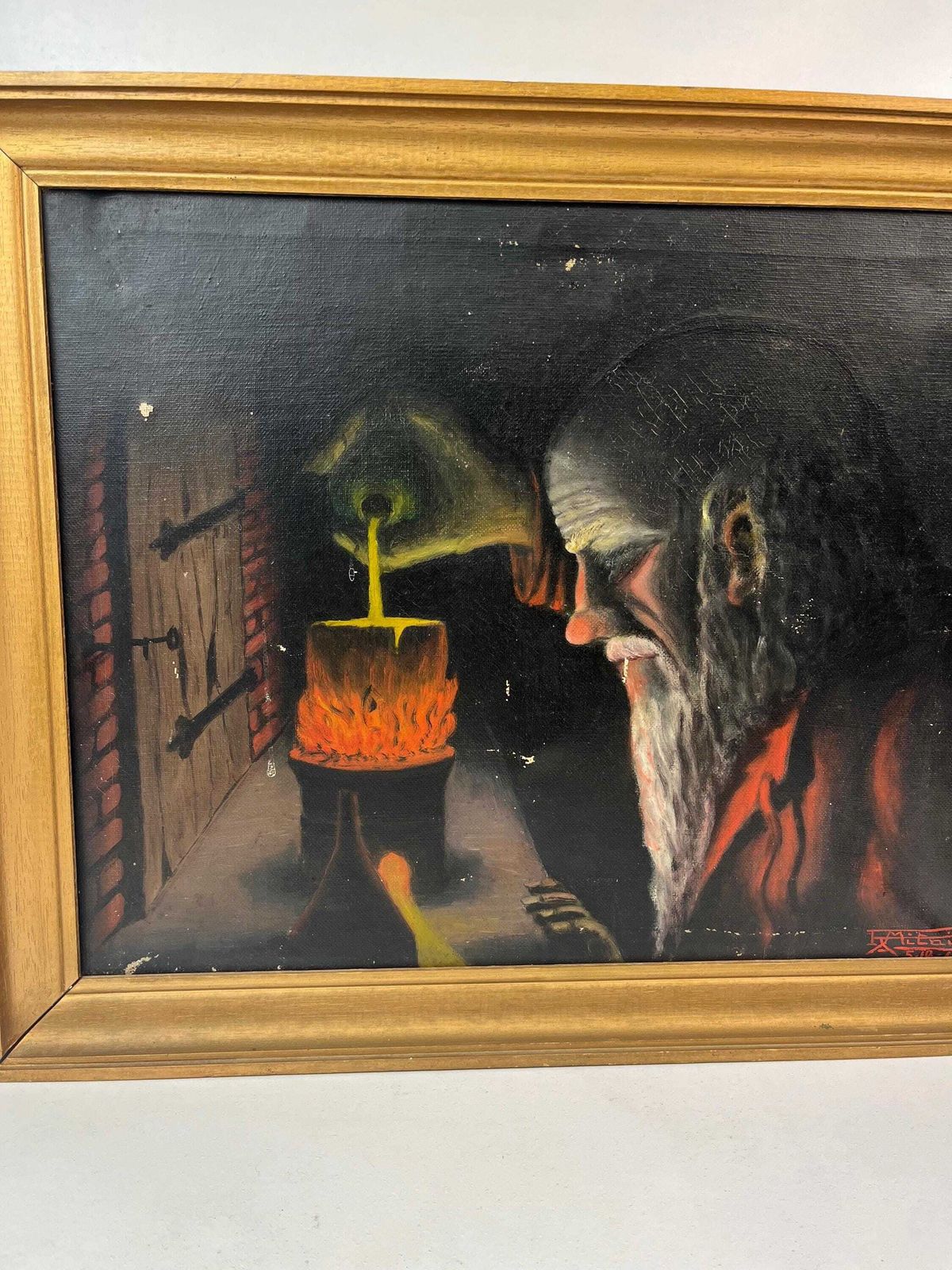 Rare Antique Alchemist In Laboratory Oil Painting Scientist Philosophers Stone Signed Mitaine photo for sale
