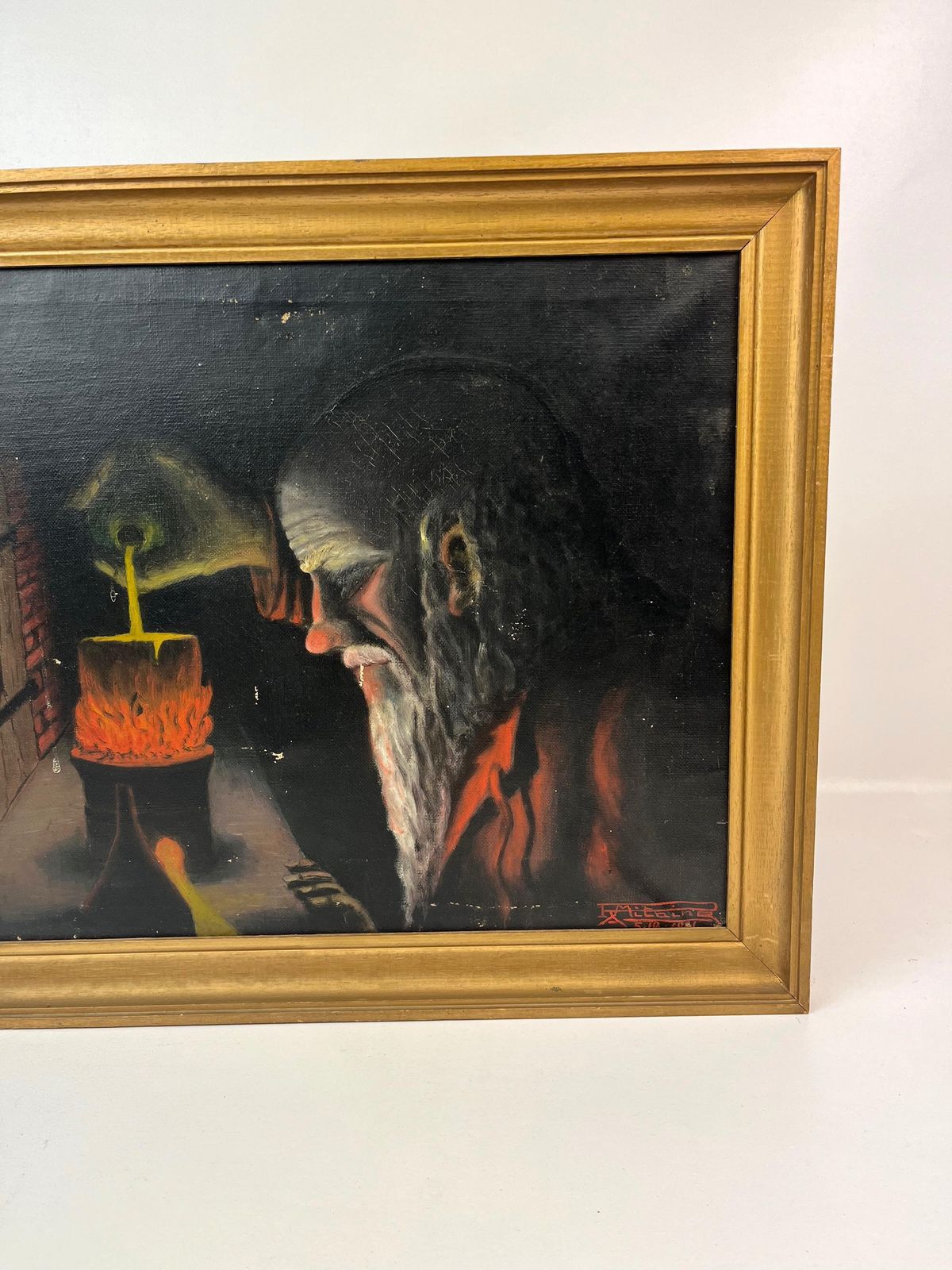 Rare Antique Alchemist In Laboratory Oil Painting Scientist Philosophers Stone Signed Mitaine photo Art