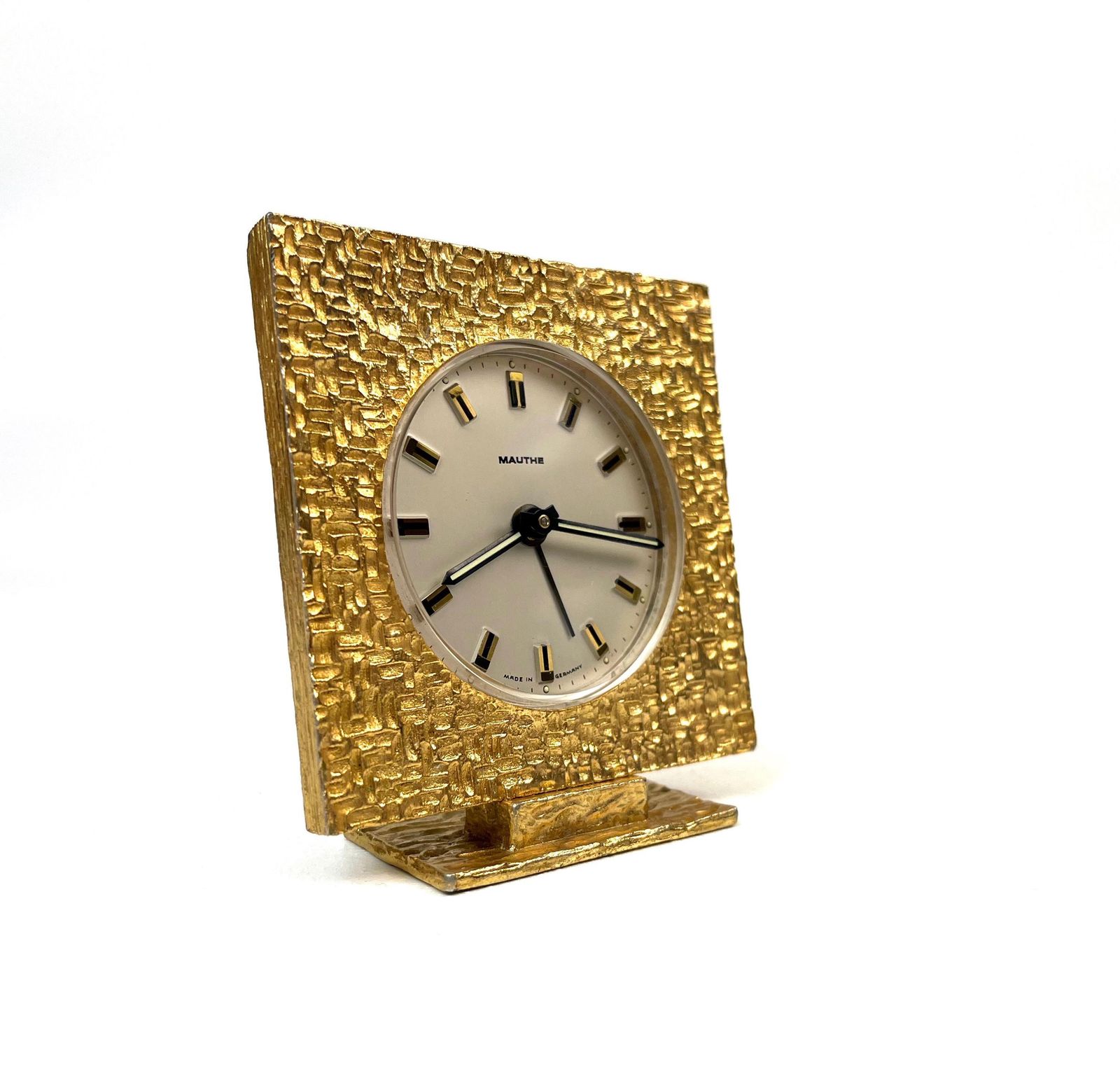 photo for sale Stunning Mid Century Golden Sculptural Metal Brutalist Alarm Desk Clock By Mauthe