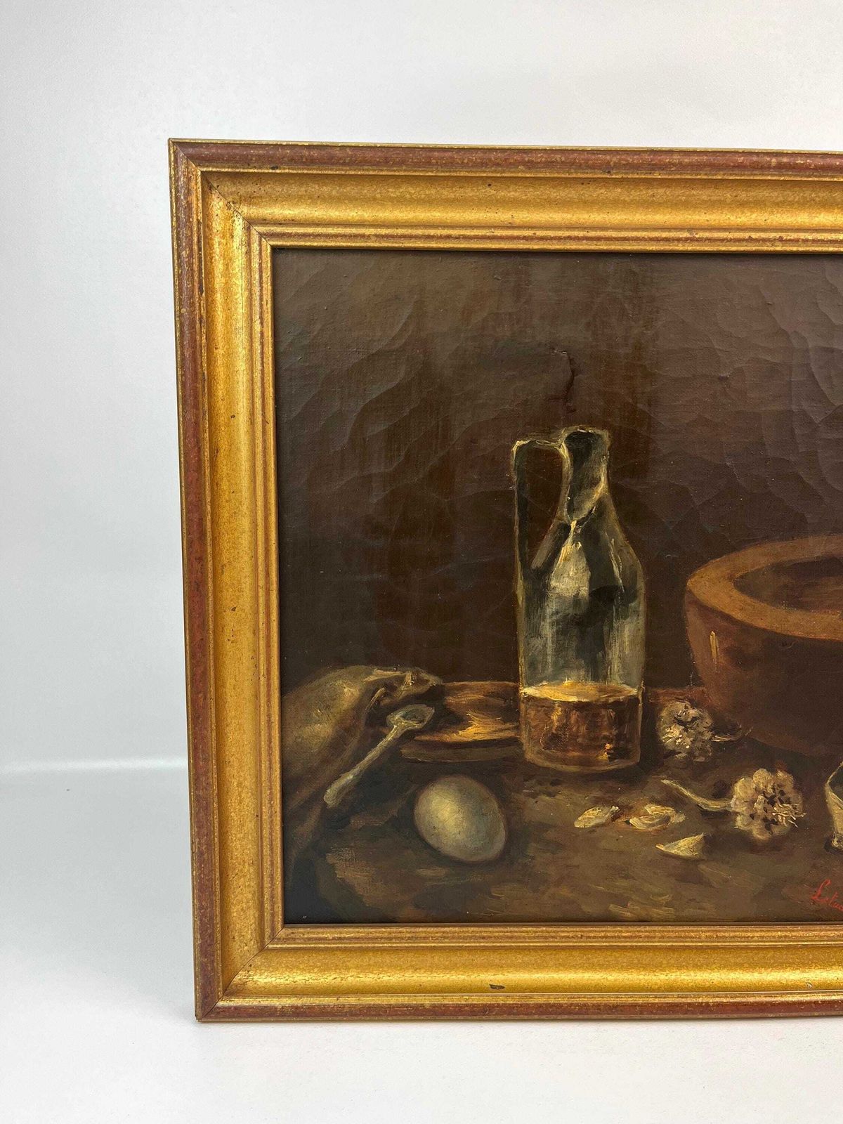 Moody Antique French Kitchen Still Life Oil On Canvas Painting Eggs Garlic Signed 1881 photo furniture