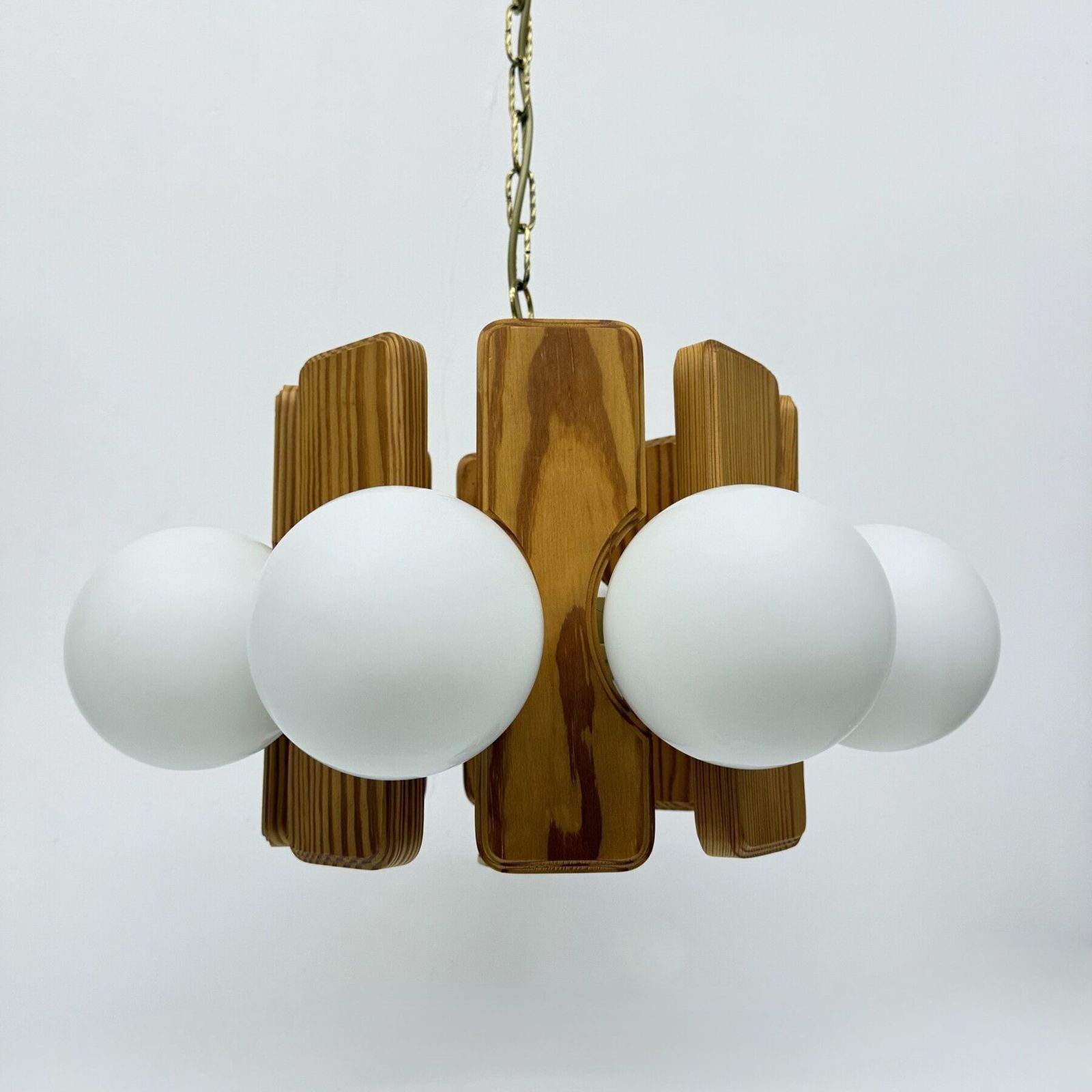 photo for sale Vintage Pine Wooden Chandelier With Glass Globes , 1970s