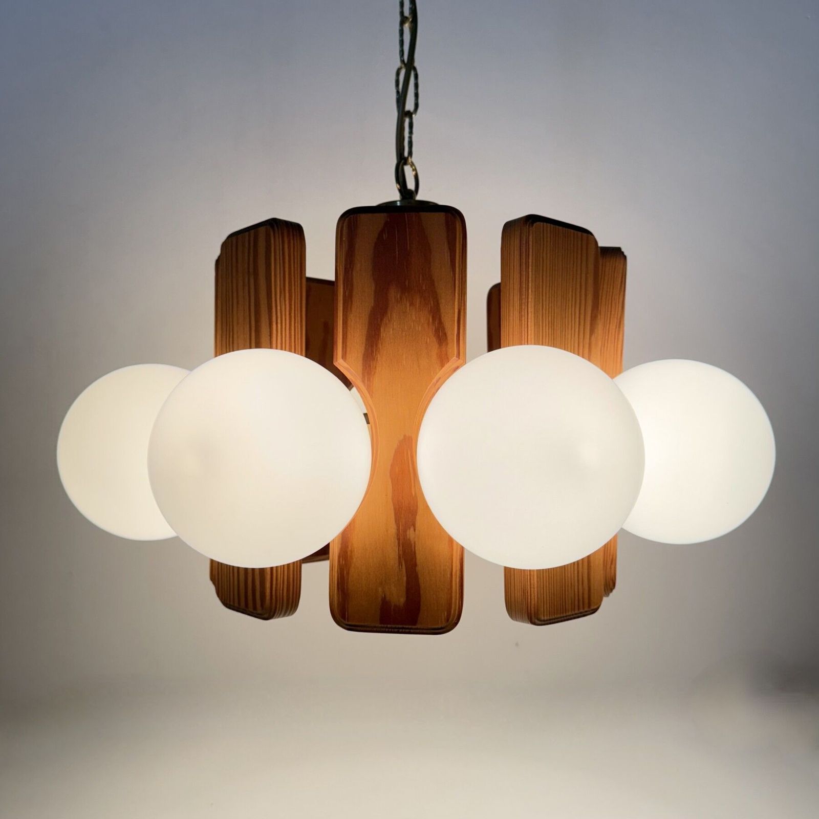 photo vinterior Vintage Pine Wooden Chandelier With Glass Globes , 1970s