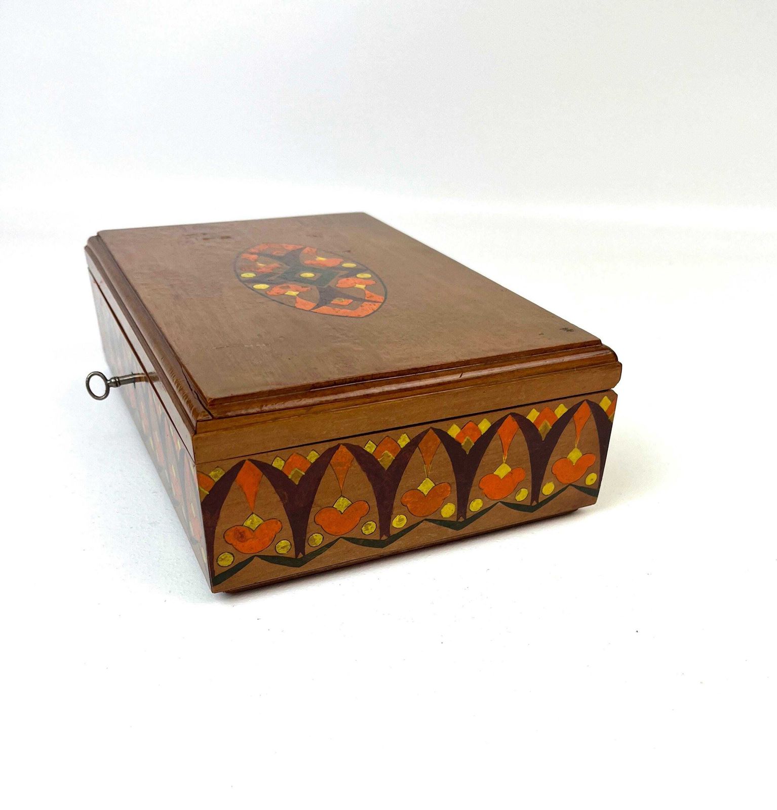 Rare Antique Art Nouveau Wooden Hand Painted Jewelry Box With Lock & Key photo 190.0