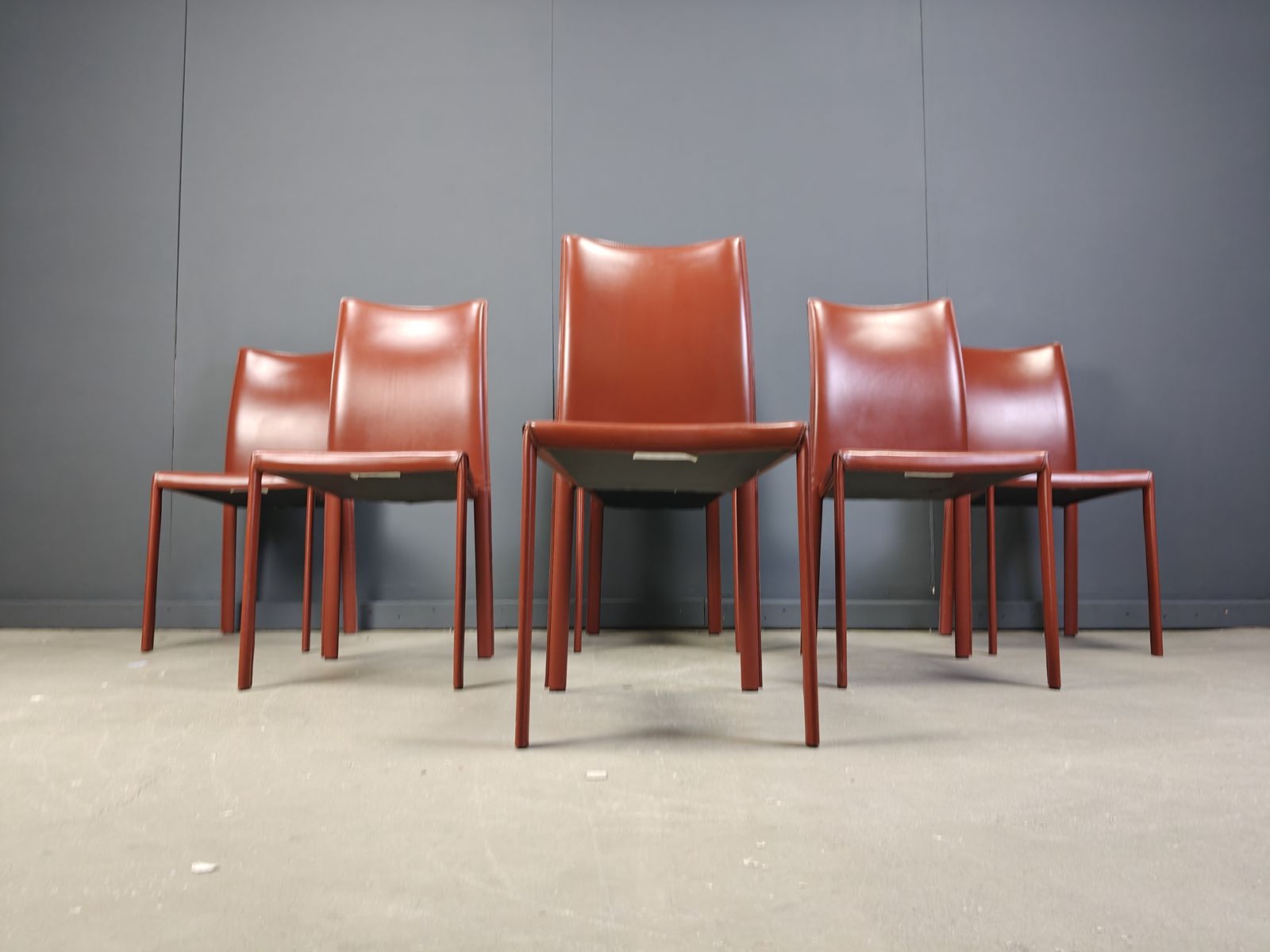 1250.0 Red Leather Italian Dining Chairs, 1980s   Set Of 6 photo
