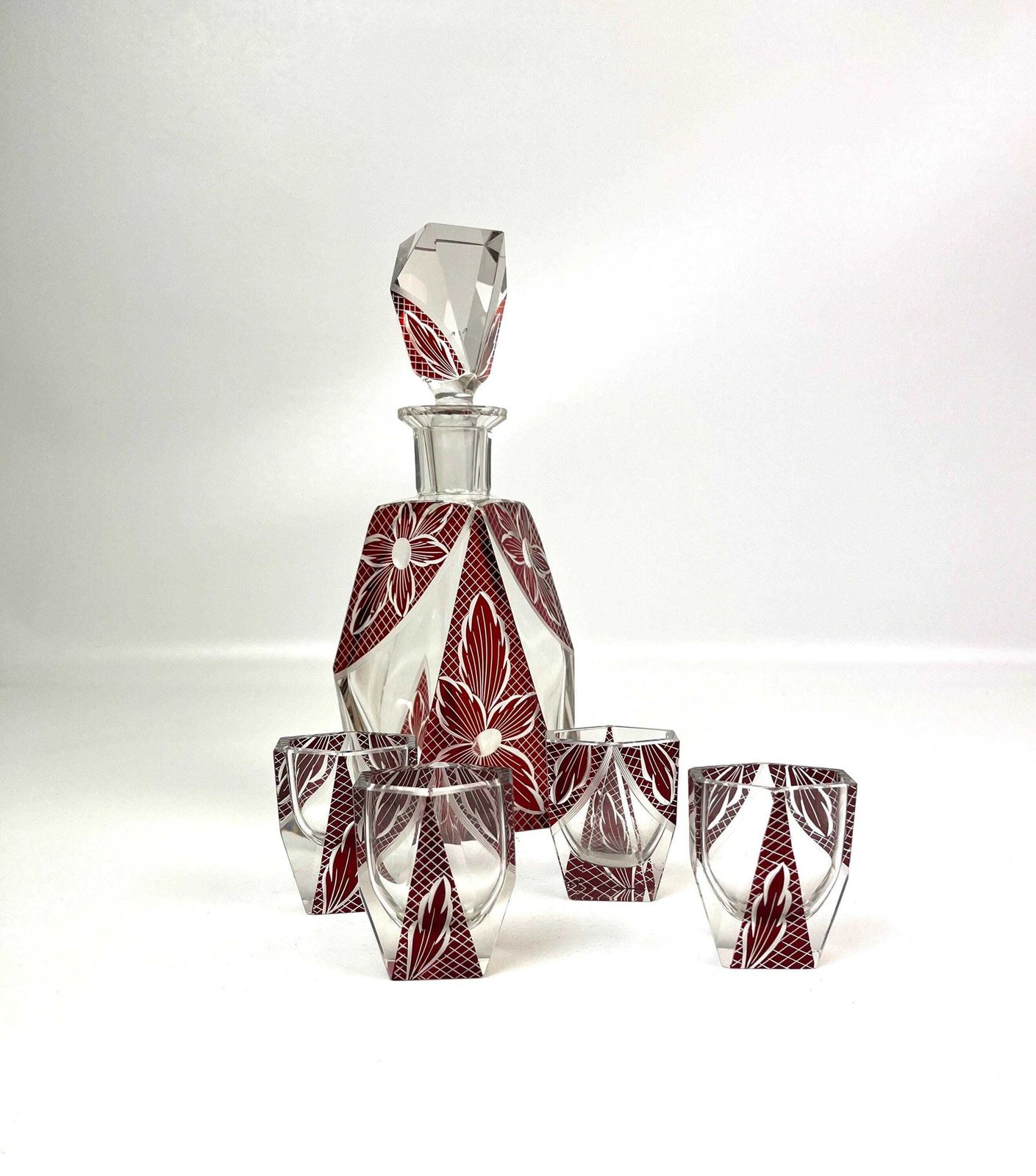 Stunning Art Deco Cubist Enamel Vodka Liquor Decanter & Glasses Set By Karl Palda