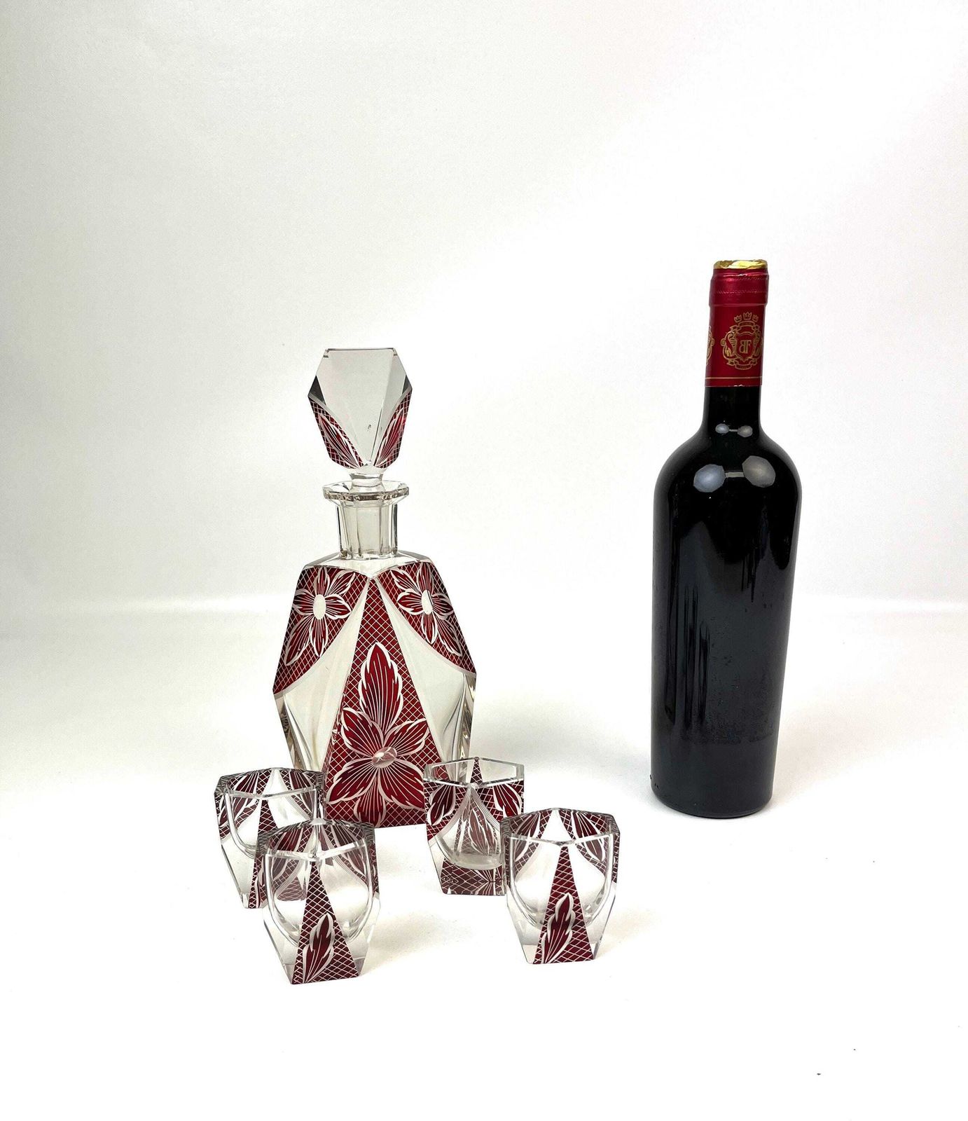 Stunning Art Deco Cubist Enamel Vodka Liquor Decanter & Glasses Set By Karl Palda photo buy
