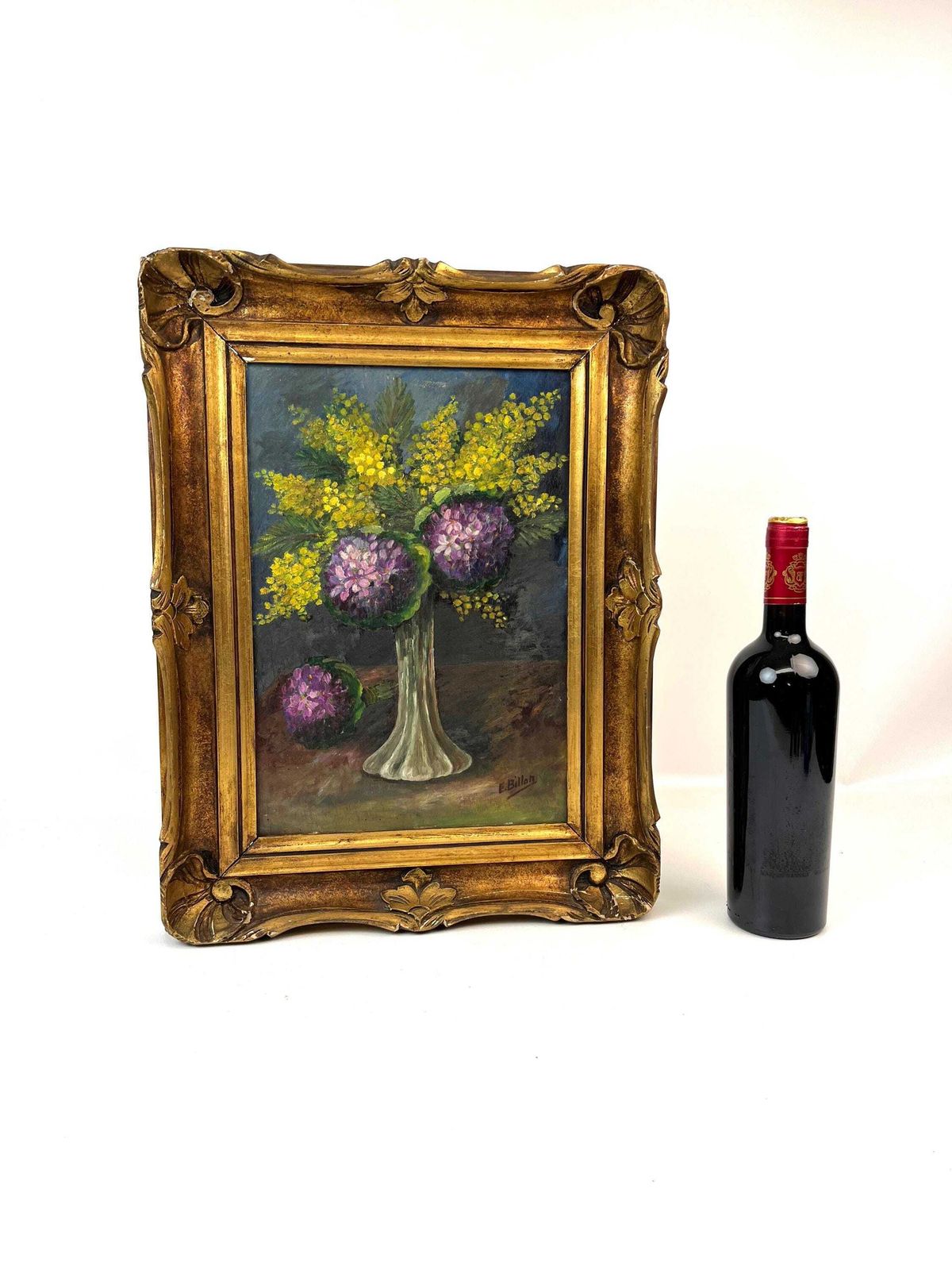 Antique French Hydrangeas Floral Still Life Oil Painting Flowers Signed By E .Billon Framed photo vinterior