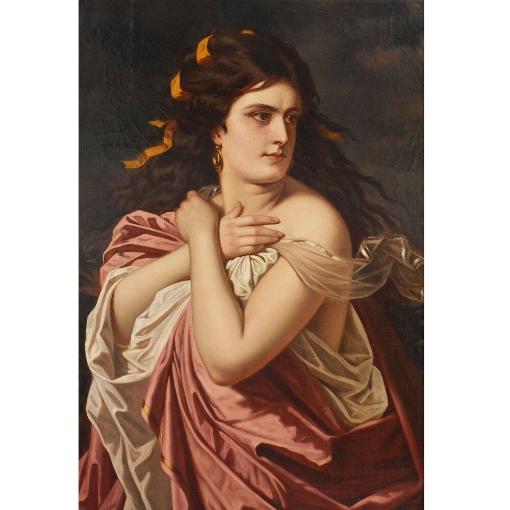 Antique Portrait Painting, Greek Goddess, Muse, Female Portrait, Oil On Canvas, XIX Century. (Qr669) photo for sale