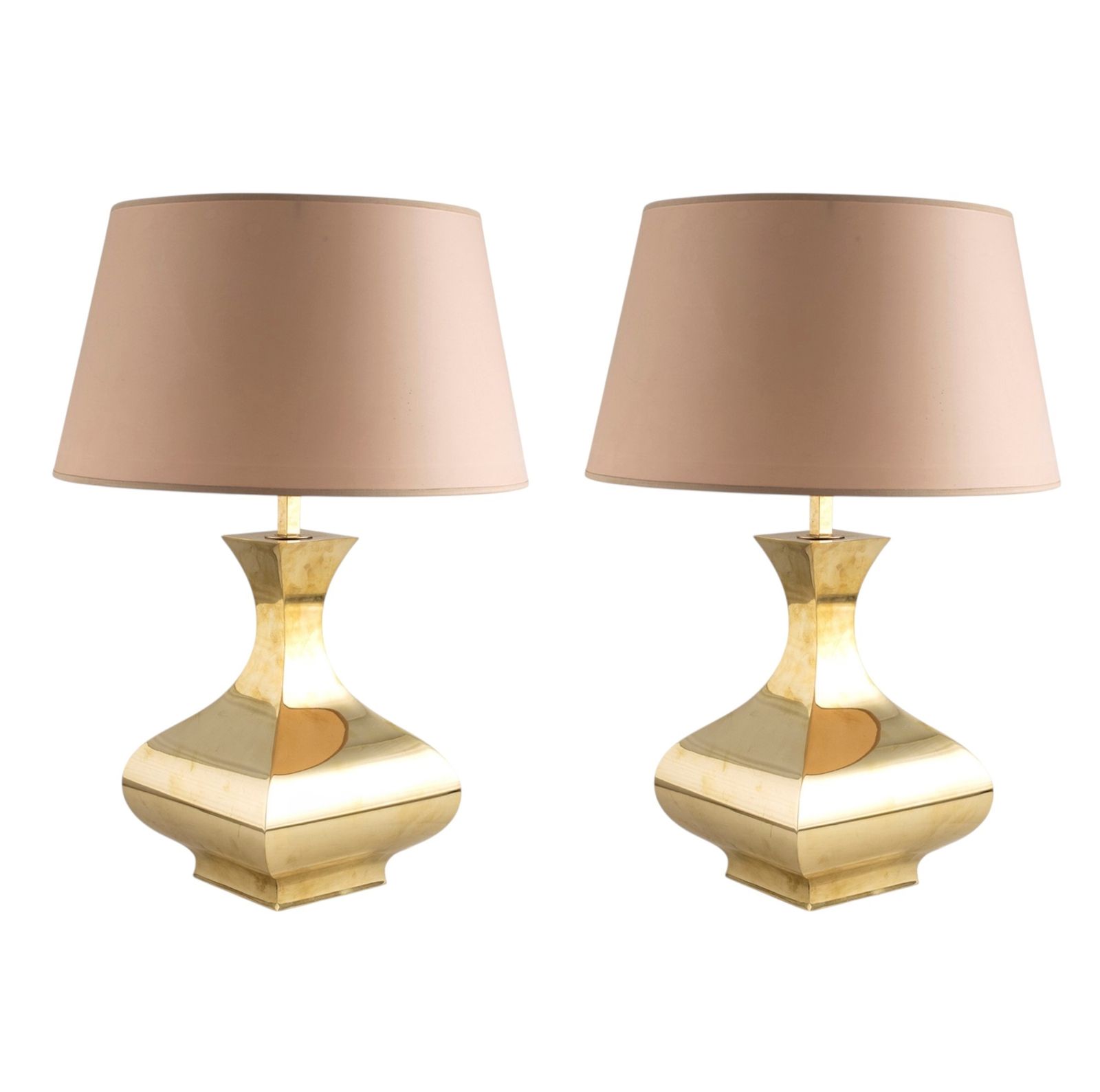 Hollywood Regency Set Of 2 Brass Table Lamps Mod. Piramide, High Society Italy 1970s