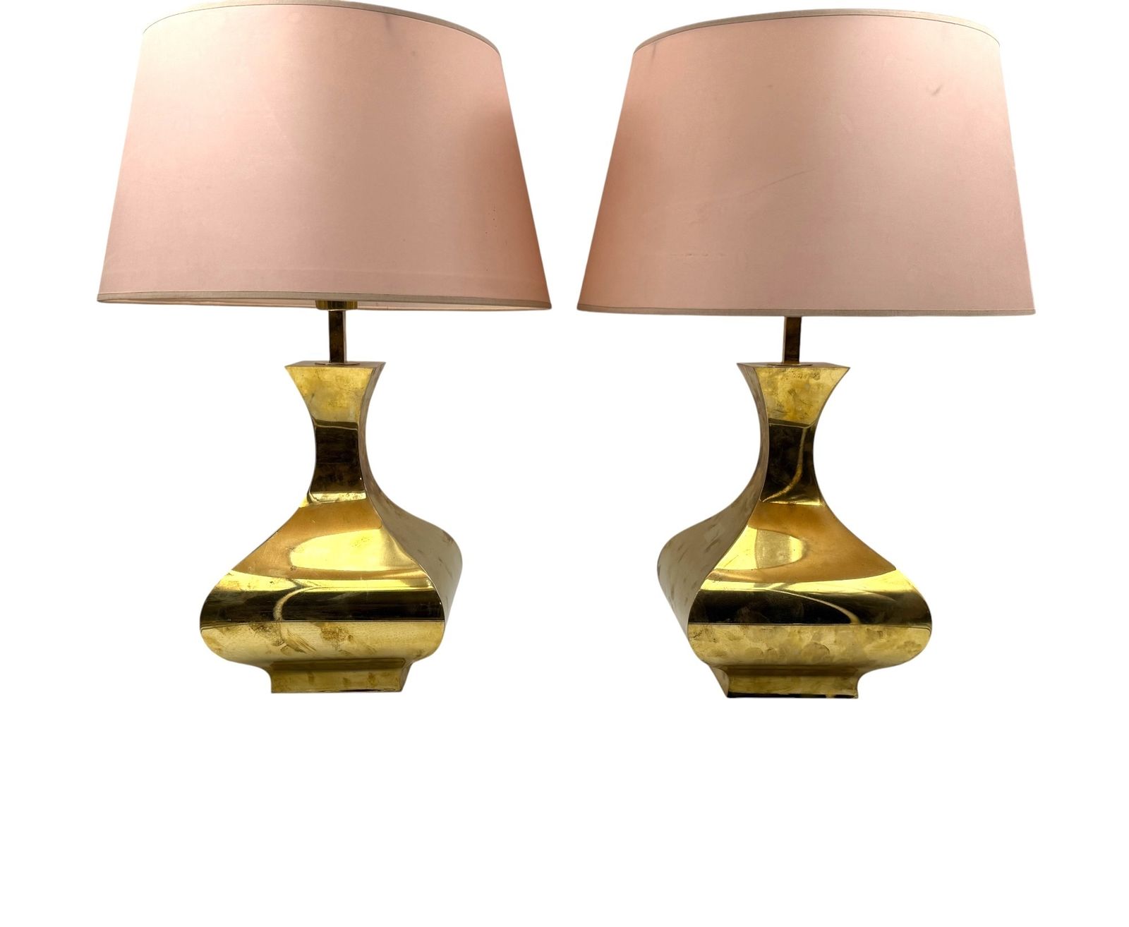 photo vinterior Hollywood Regency Set Of 2 Brass Table Lamps Mod. Piramide, High Society Italy 1970s