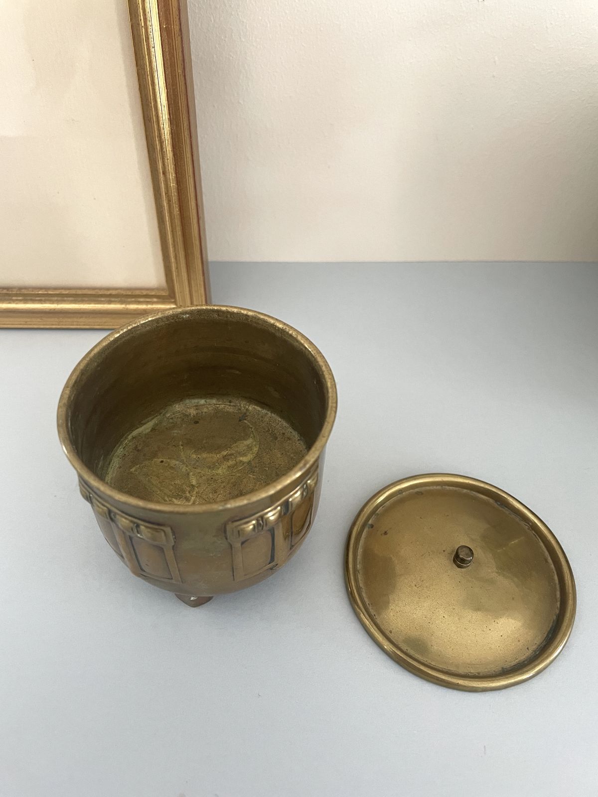 photo for sale Arts & Crafts Brass Box With Lid On Three Feet, Handmade Antique Round Decorative Container Circa 1920