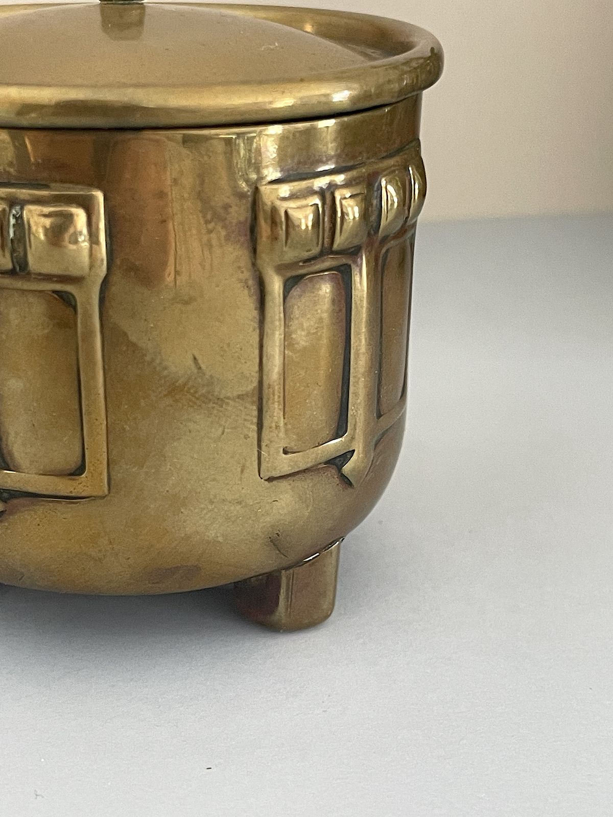 Arts & Crafts Brass Box With Lid On Three Feet, Handmade Antique Round Decorative Container Circa 1920 photo buy