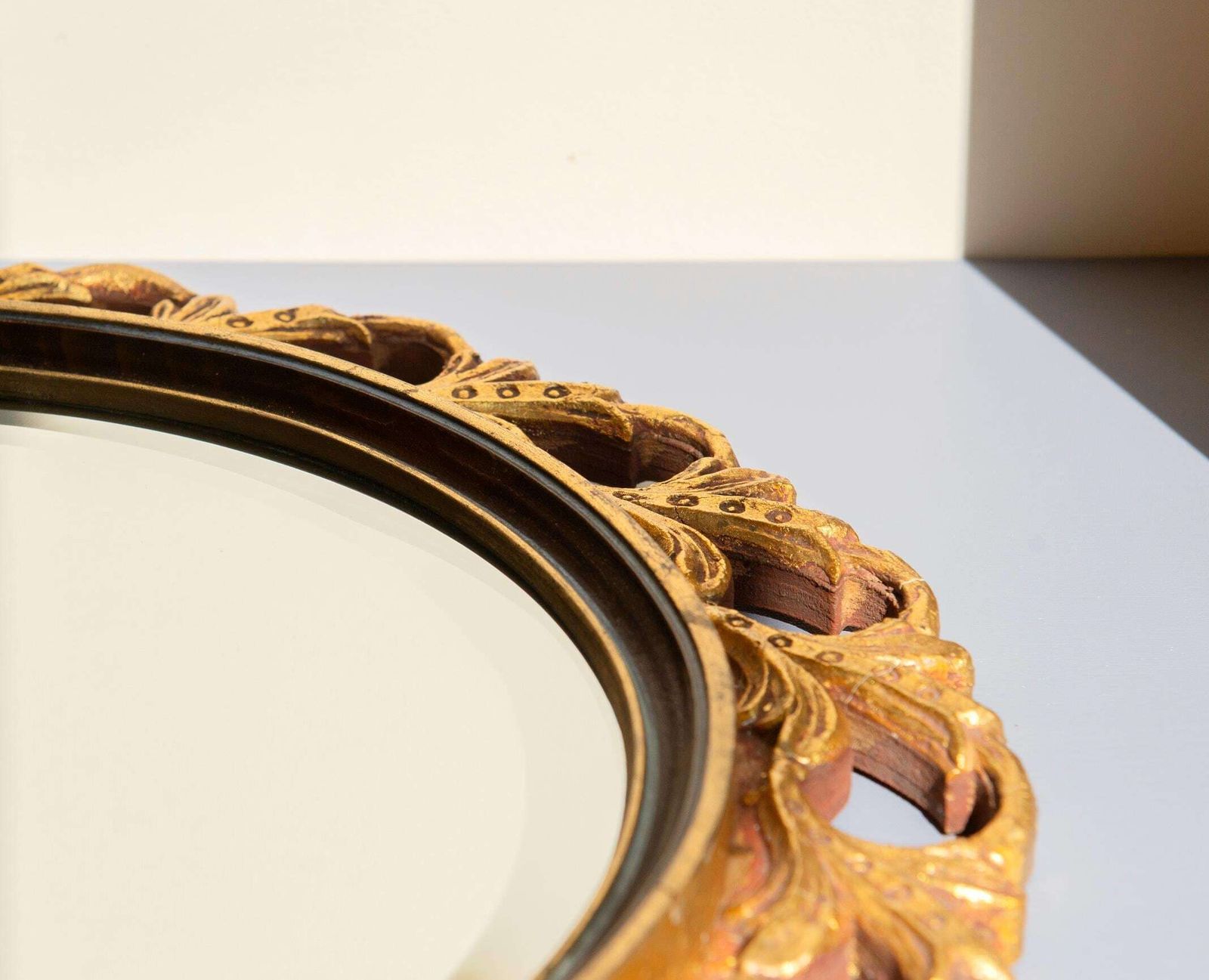 Round Gold Mirror With Beveled Glass, Italian 1960s Design, Hollywood Regency Wall Mirror, Hand Carved Ornate Frame, Mid Century Gilt Mirror photo buy