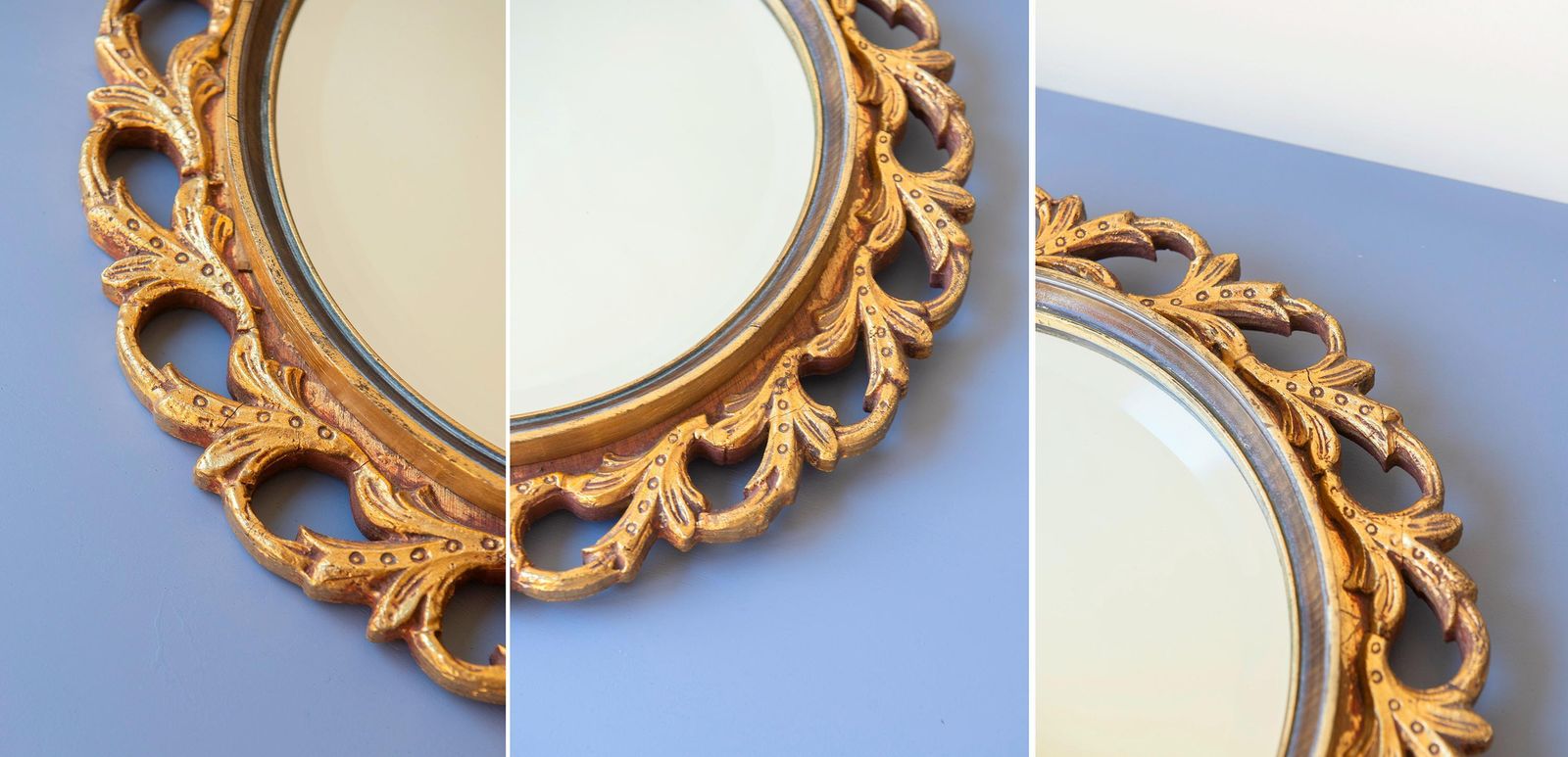 photo furniture Round Gold Mirror With Beveled Glass, Italian 1960s Design, Hollywood Regency Wall Mirror, Hand Carved Ornate Frame, Mid Century Gilt Mirror