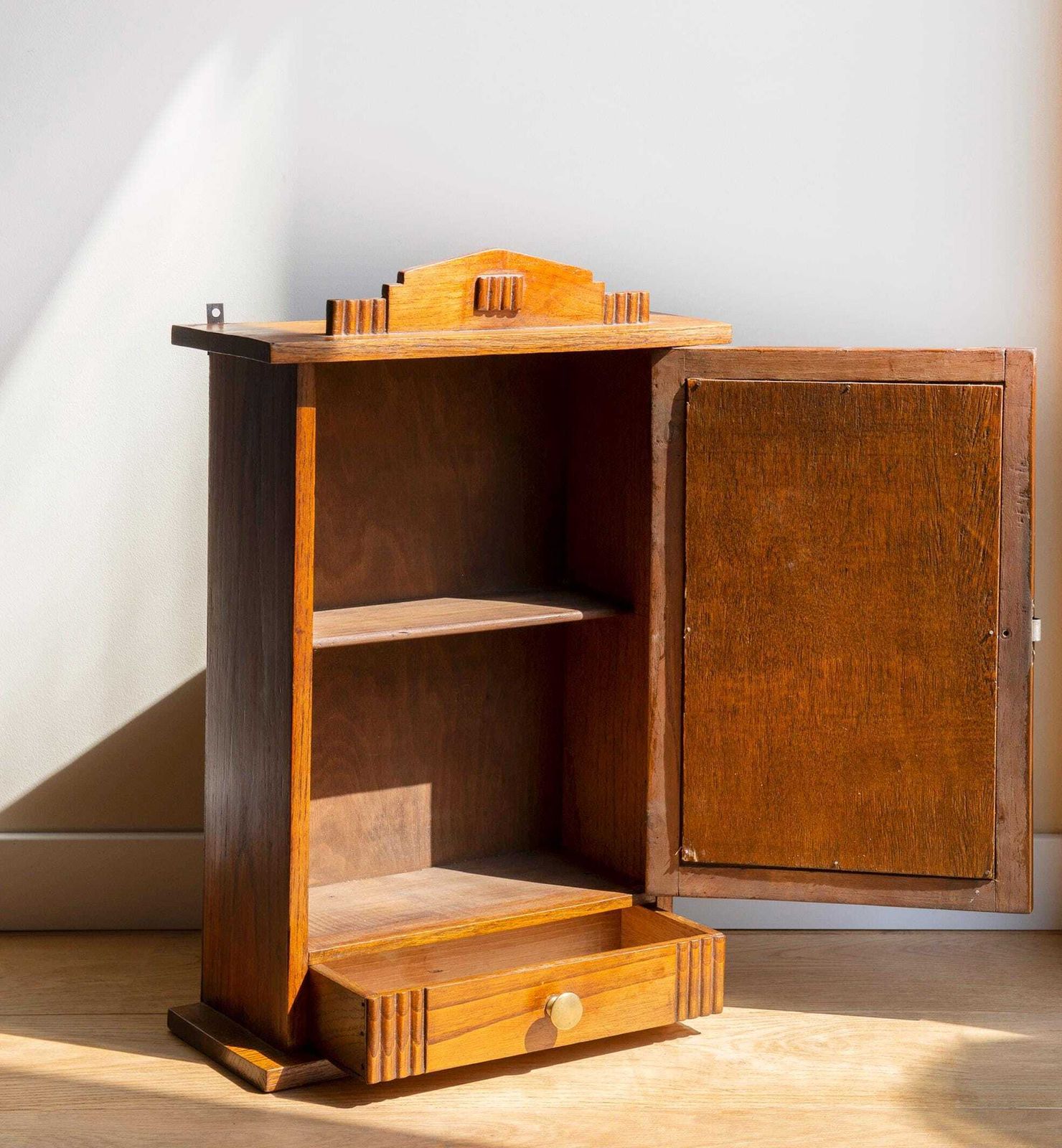 Antique Medicine Chest With Mirror, Art Deco, Oak Hanging Apothecary Cabinet, Dutch Pharmacy Chest, Rustic Storage Unit photo for sale