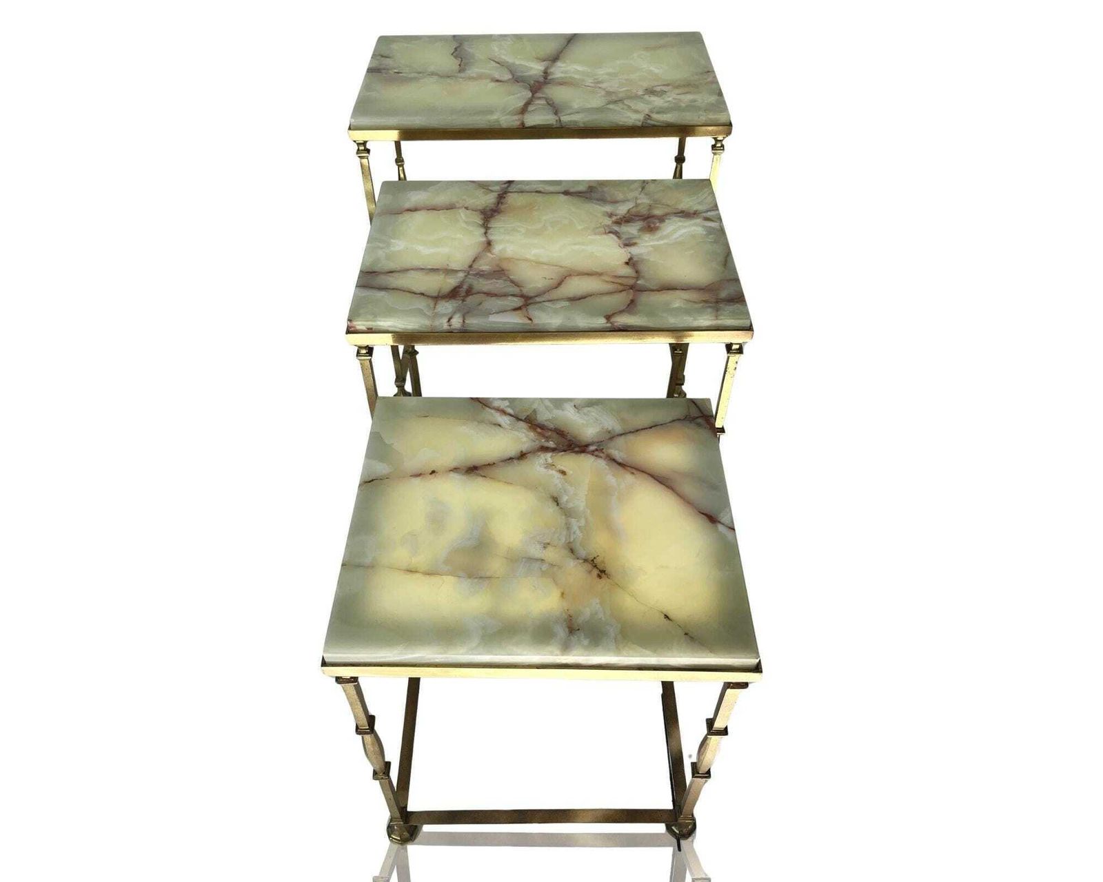 Onyx Bijzettafels | Mid Century Maison Jansen Stijl | Messing & Groen Onyx
