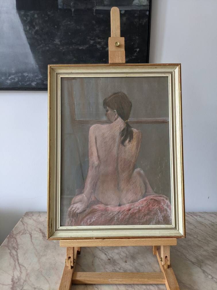A Pretty Vintage Midcentury Original Pastel Life Portrait Of Woman photo furniture