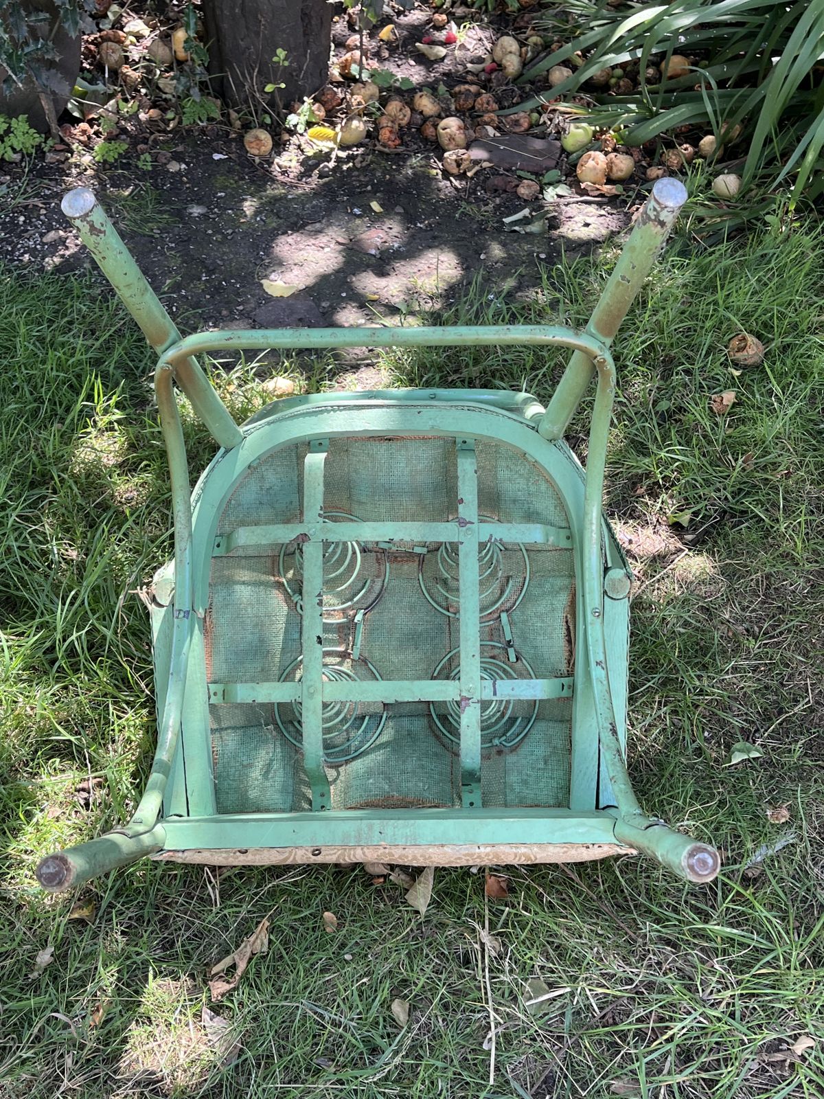 photo for sale Vintage William Morris Co ‘Sirrom’ Flat Weave Chair In Pea Green & Vintage Sanderson Seat Fabric