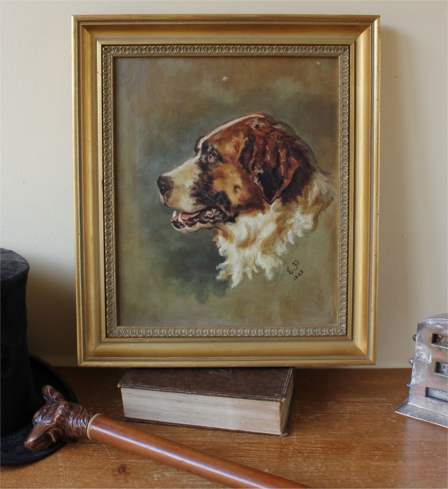 St Bernard Oil Painting On Canvas. Victorian Dog Portrait. Framed. 1888 photo for sale