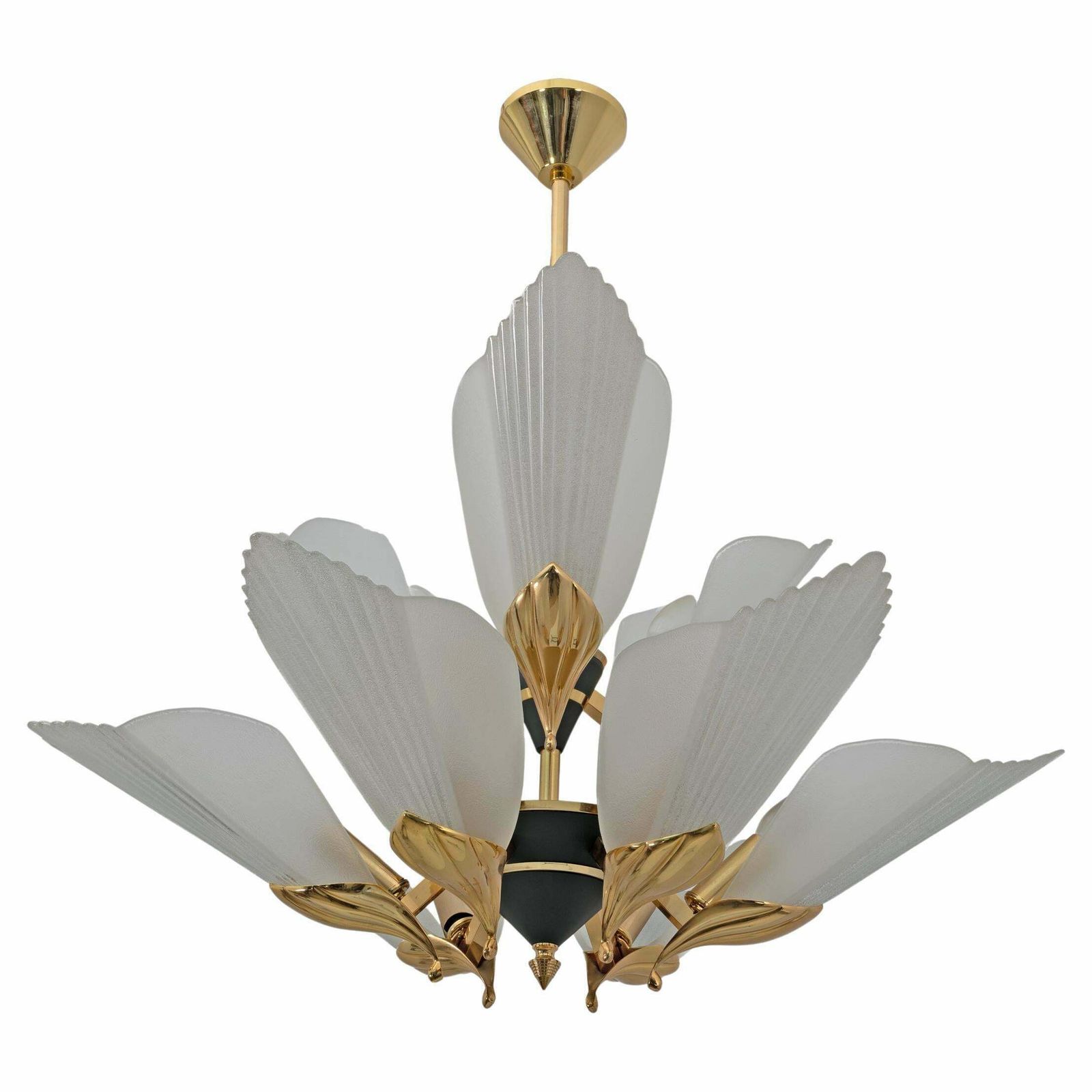 Nine Light Chandelier Brass And Acid Etched Glass By F. Fabbian, 1980s