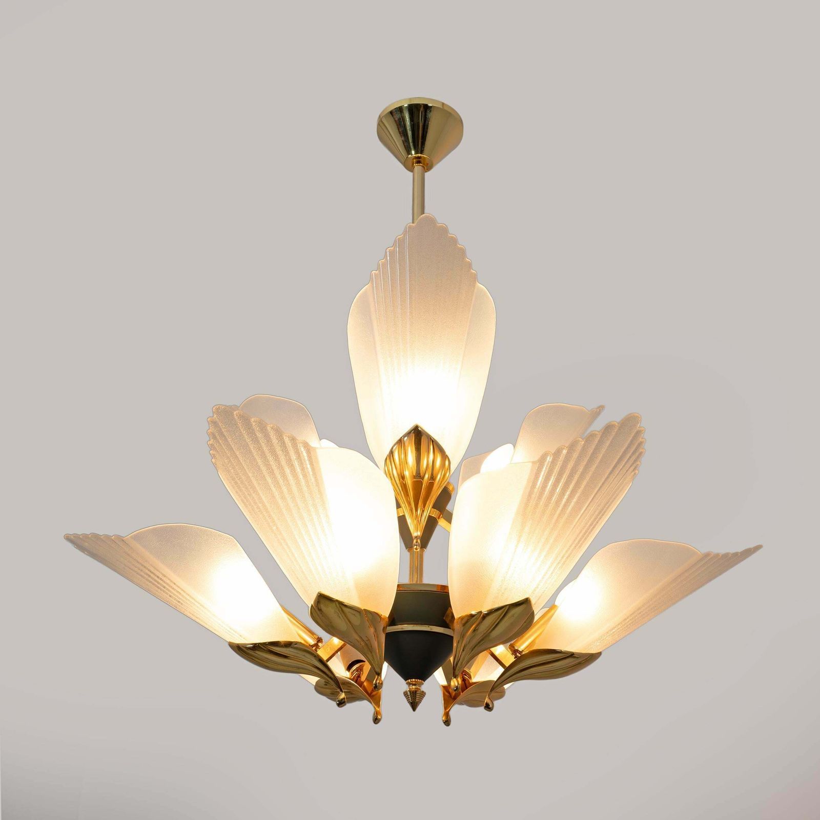 Nine Light Chandelier Brass And Acid Etched Glass By F. Fabbian, 1980s photo for sale