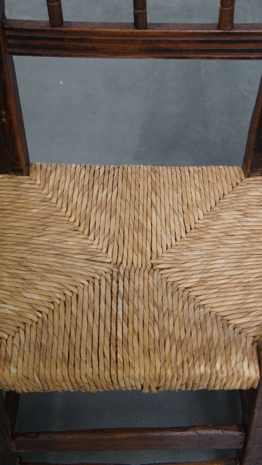 Nice Unique Set Of 2 Antique Spanish Farm Chairs With Woven Wicker Seat And Beautiful Wood Carving photo buy