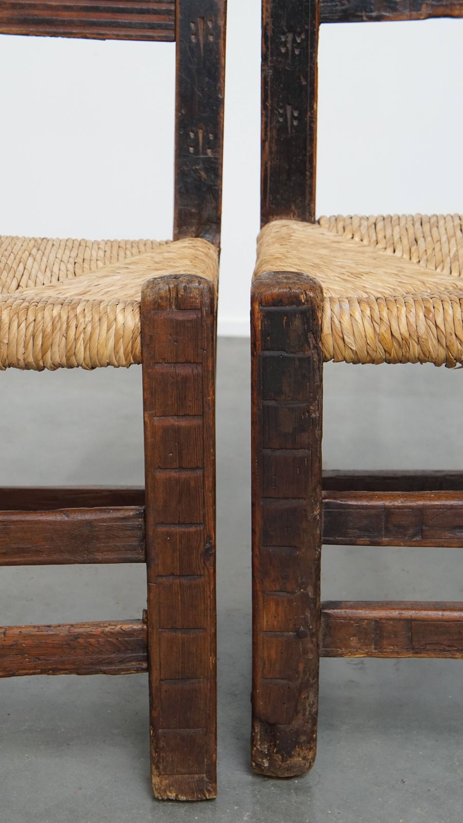photo furniture Nice Unique Set Of 2 Antique Spanish Farm Chairs With Woven Wicker Seat And Beautiful Wood Carving