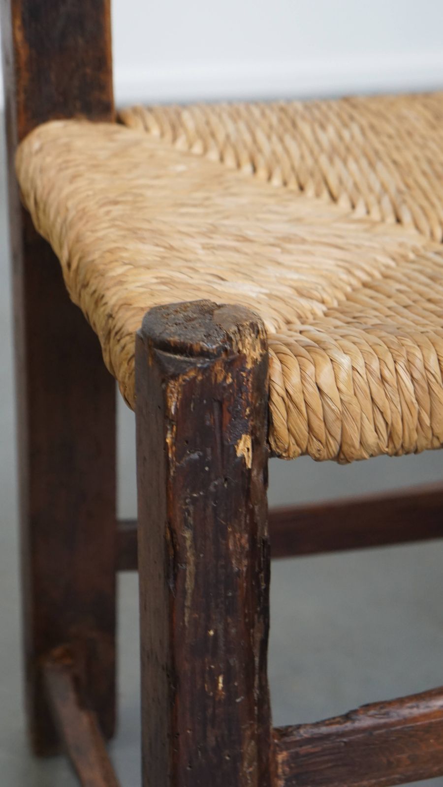 359.0 Nice Unique Set Of 2 Antique Spanish Farm Chairs With Woven Wicker Seat And Beautiful Wood Carving photo