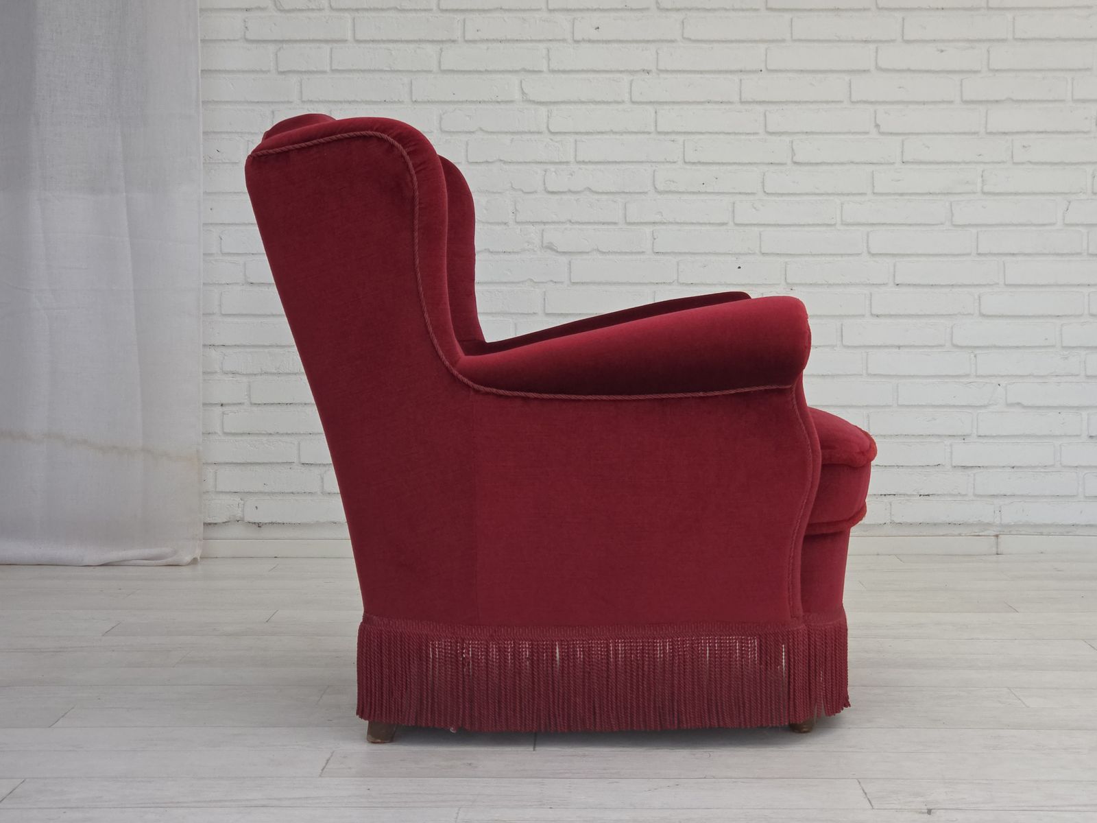 1960s, Danish Armchair, Red Furniture Velour, Beech Wood Legs. photo vinterior